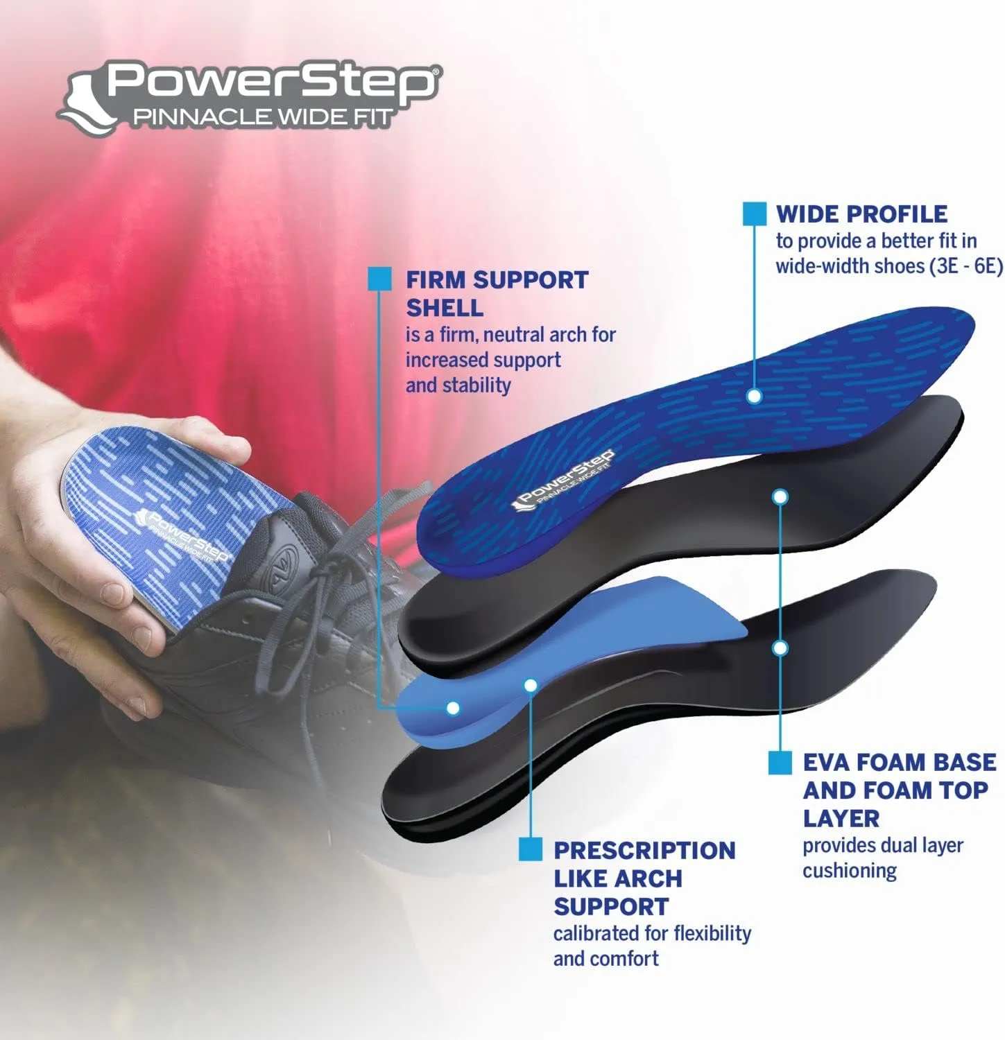 PowerStep Insoles, Pinnacle Wide, Wide Feet Arch Support Insole, Extra Wide Arch Support Orthotic for Women and Men,
