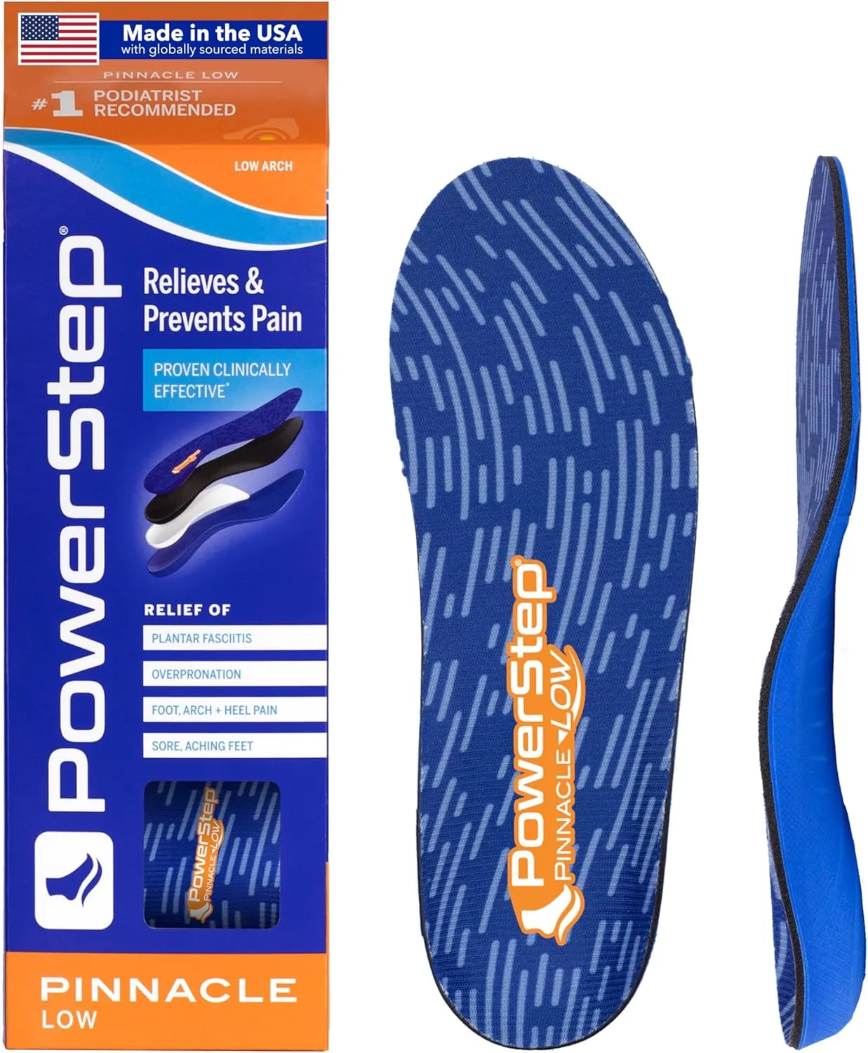 PowerStep Pinnacle Low Insoles, Supports Flat Feet, Relief of Plantar Fasciitis, Overpronation, Arch Support, Heel Pain, All Day Comfort, Made in The USA (Men's 4-4.5 / Women's 6-6.5)