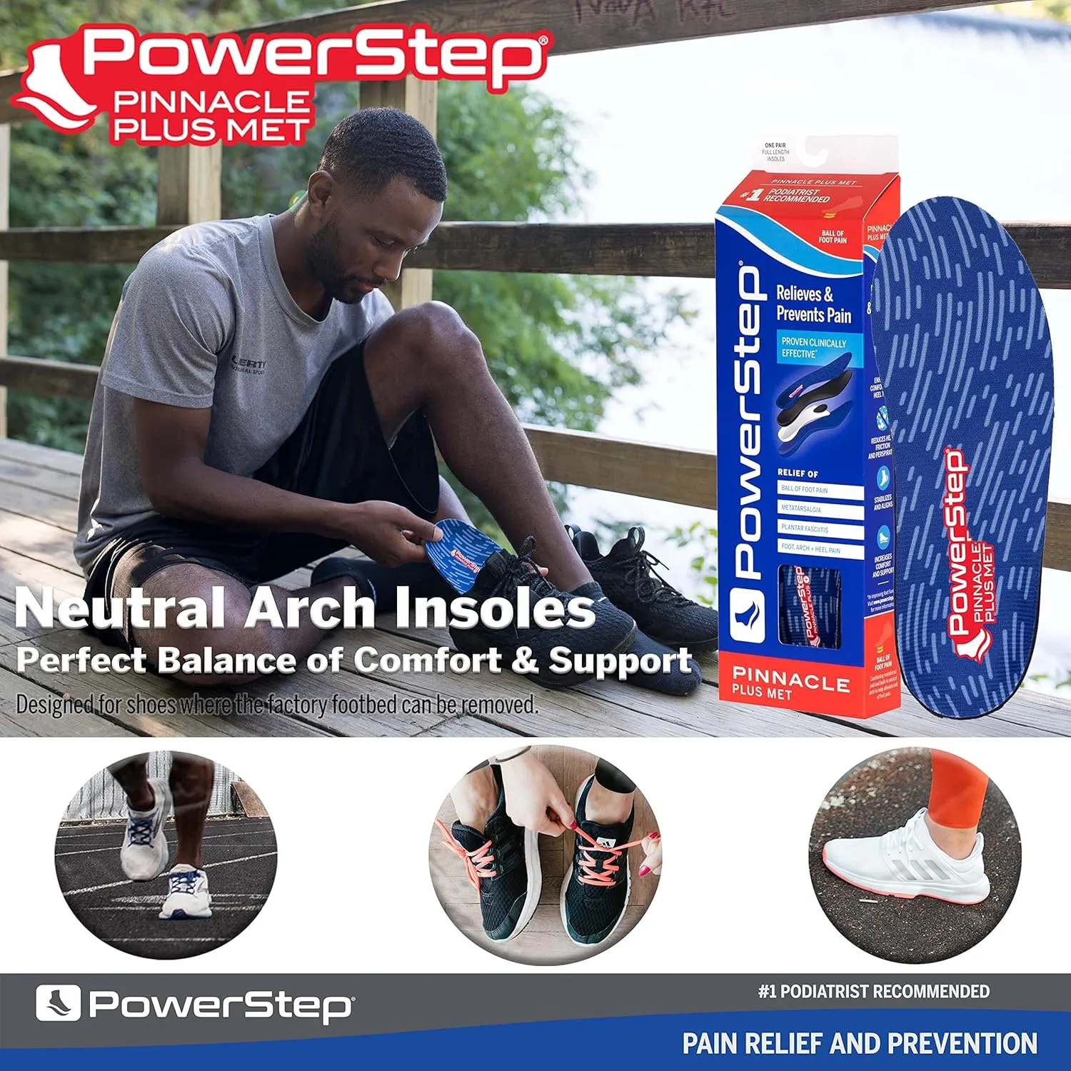 PowerStep Pinnacle Plus Ball of Foot Pain Relief Orthotics - Shoe Inserts for Metatarsalgia, Arch Support & Morton's Neuroma Pain Relief - Made in USA Insoles with Metatarsal Pad (M 8-8.5, F 10-10.5)