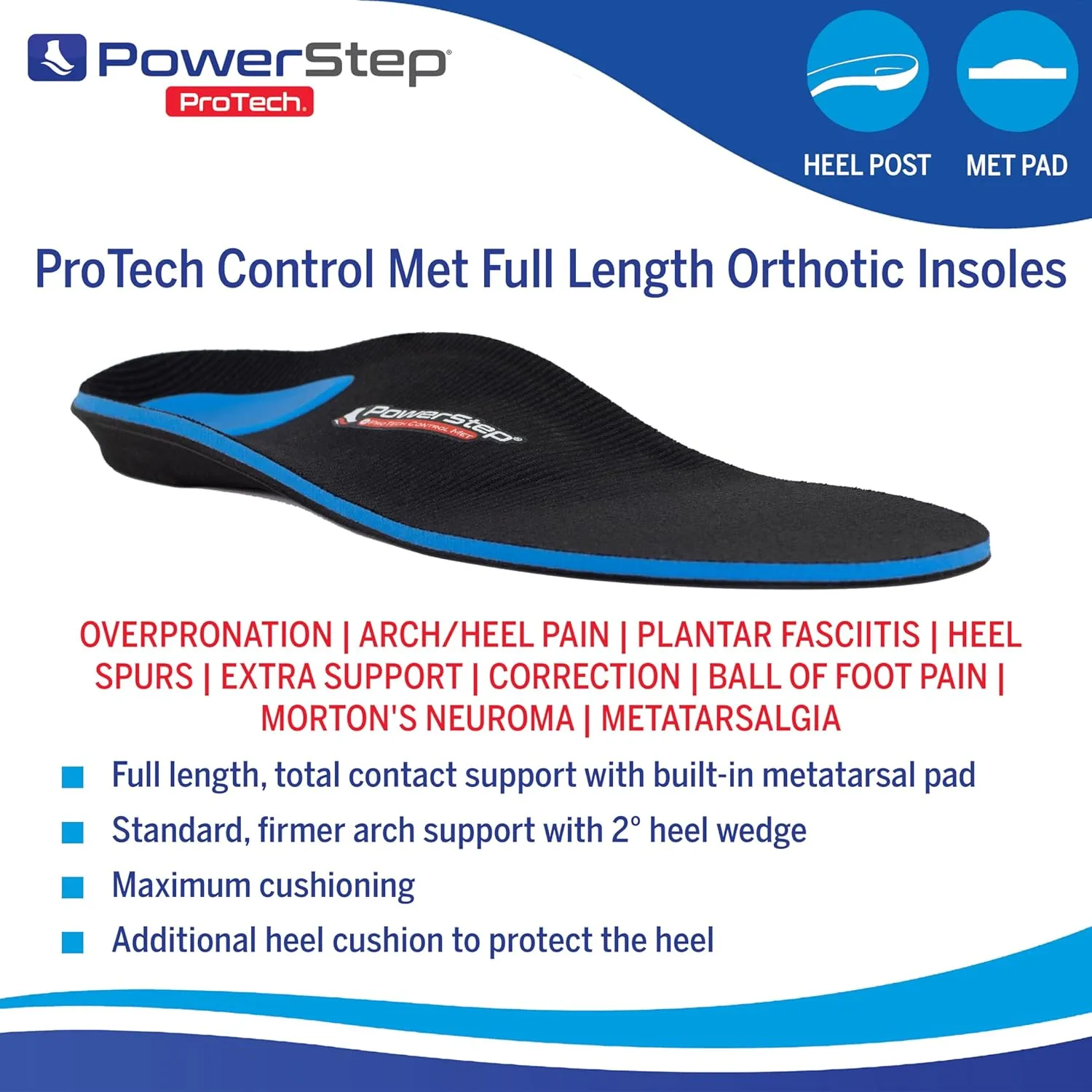 PowerStep ProTech Control Met Orthotics - Full Length Shoe Insoles for Metatarsal Foot Pain & Plantar Fasciitis - Made in USA Inserts for Overpronation & Ball of Foot Pain Relief (M 8-8.5 W 10-10.5)