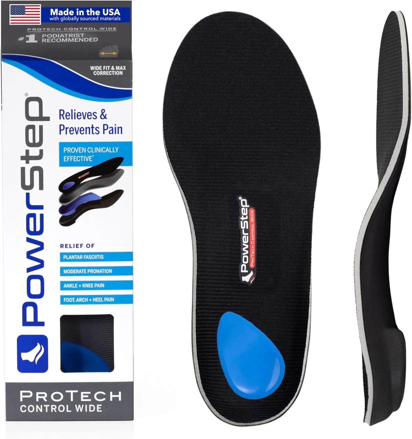 PowerStep ProTech Control Wide Orthotic Inserts - Medical Grade Orthotics for Wide Feet - Extra Support for Plantar Fasciitis, Heel Pain, Arch Pain & Overpronation - Made in The USA (M 6-6.5 W 8-8.5)