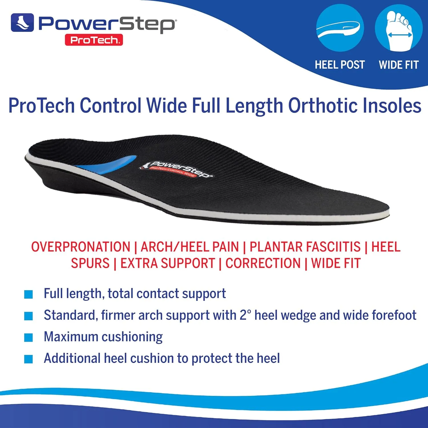 PowerStep ProTech Control Wide Orthotic Inserts - Medical Grade Orthotics for Wide Feet - Extra Support for Plantar Fasciitis, Heel Pain, Arch Pain & Overpronation - Made in The USA (M 6-6.5 W 8-8.5)