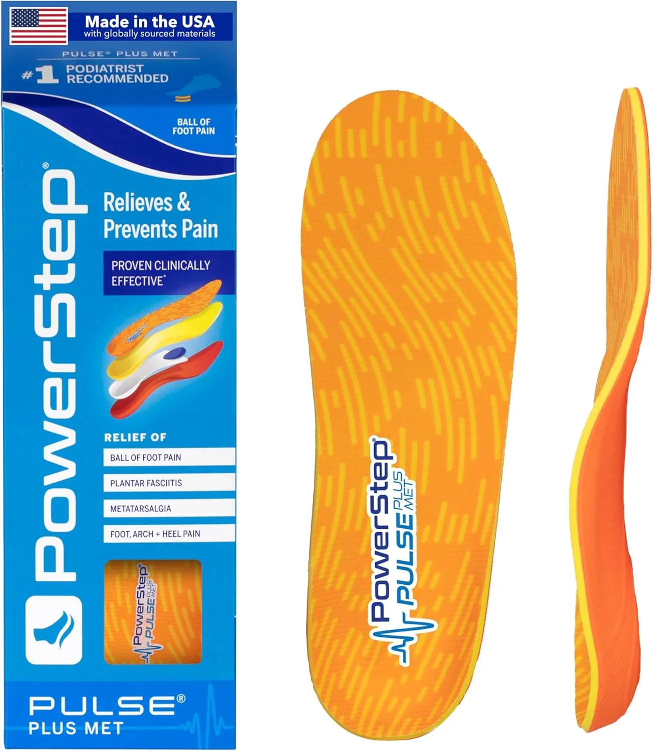 PowerStep Pulse Plus Ball of Foot Pain Relief Shoe Insoles - Running Shoe Orthotics for Metatarsal Foot Pain, and Morton's Neuroma Relief - Made in The USA (M 7-7.5, F 9-9.5)