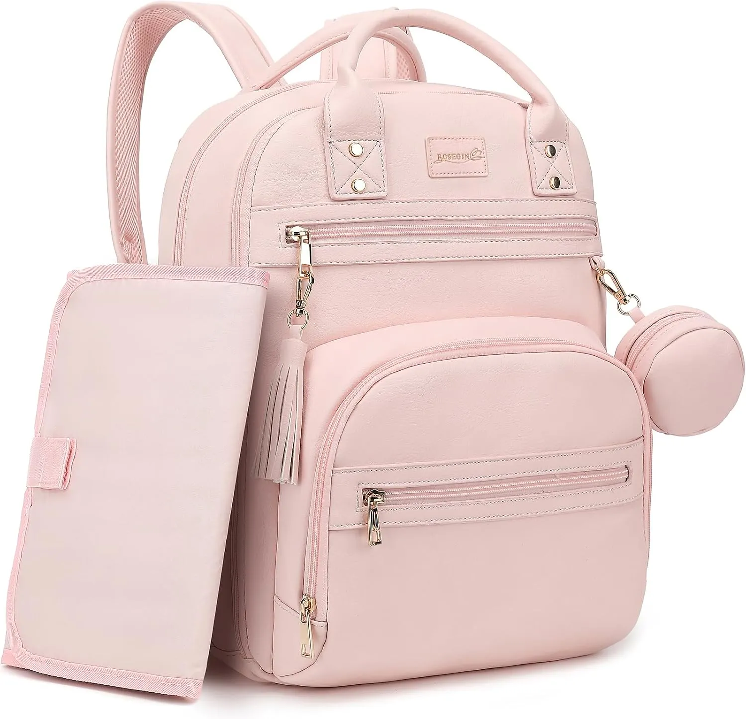 Premium Vegan Leather Diaper Bag Backpack with Waterproof Changing Pad, Reinforced Zippers & Odor-Free, 20 Pockets Pro Organizer, Fits 15.6" Laptop, Stroller Straps, Baby Bag for Mom, Pink