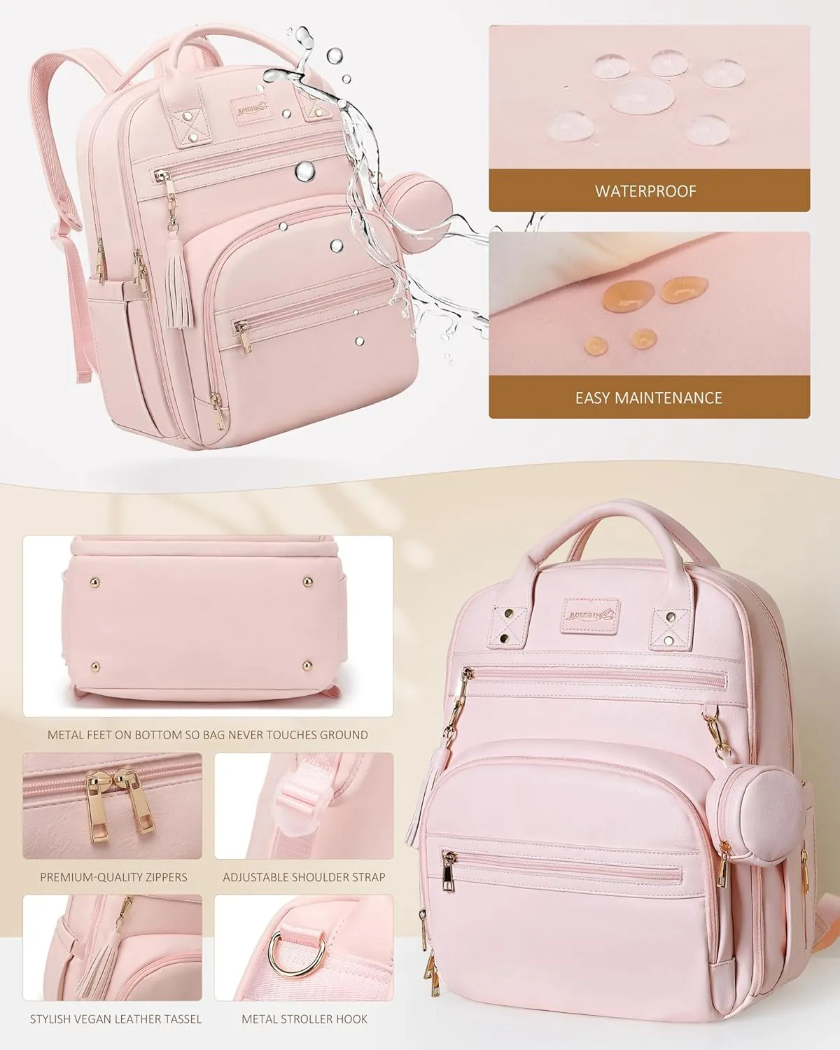 Premium Vegan Leather Diaper Bag Backpack with Waterproof Changing Pad, Reinforced Zippers & Odor-Free, 20 Pockets Pro Organizer, Fits 15.6" Laptop, Stroller Straps, Baby Bag for Mom, Pink