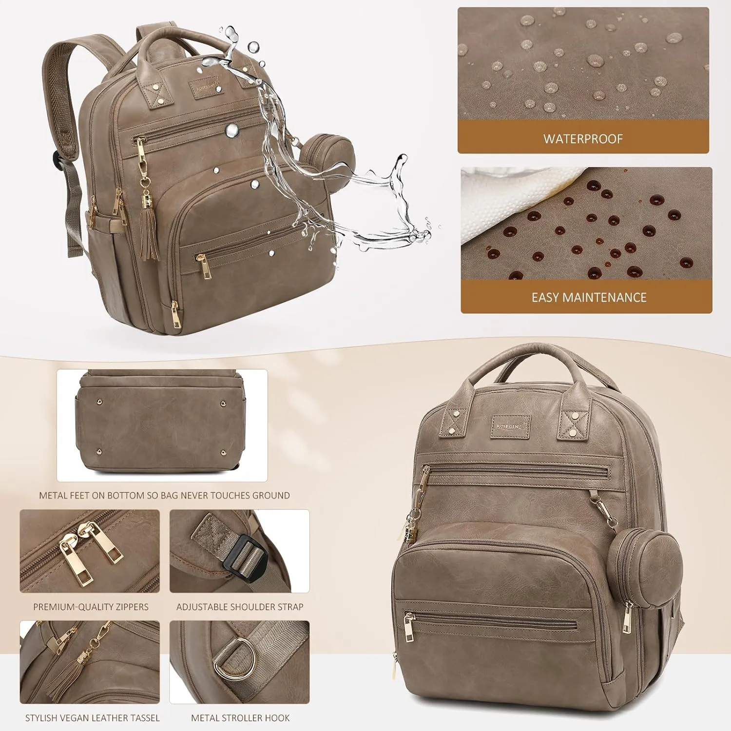 Premium Vegan Leather Diaper Bag Backpack with Waterproof Changing Pad, Reinforced Zippers & Odor-Free, 20 Pockets Pro Organizer, Fits 15.6" Laptop, Stroller Straps, Baby Bag for Mom, Taupe