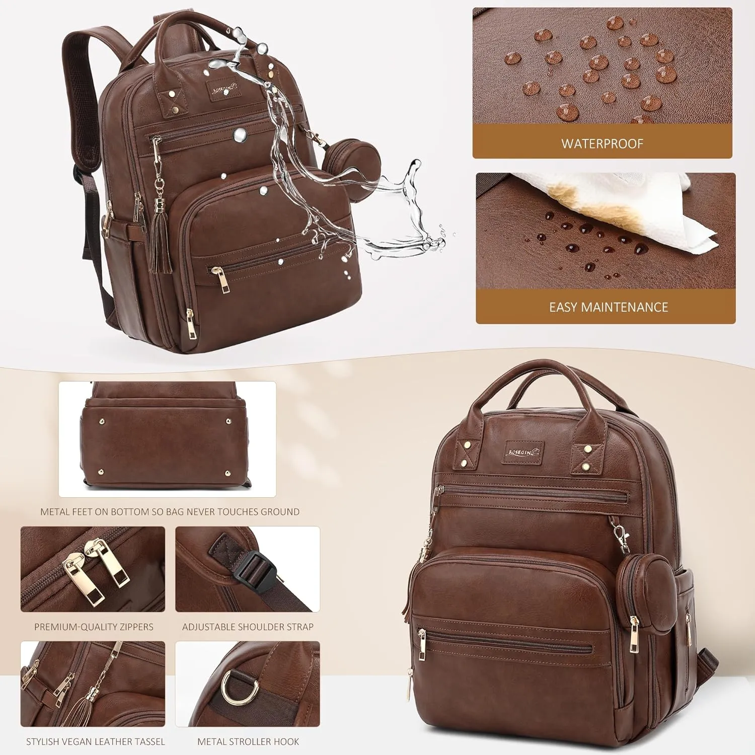 Premium Vegan Leather Diaper Bag Backpack with Waterproof Changing Pad, Reinforced Zippers & Odor-Free,20 Pockets Pro Organizer, Fits 15.6" Laptop, Stroller Straps, Baby Bag for Mom,Dark Brown