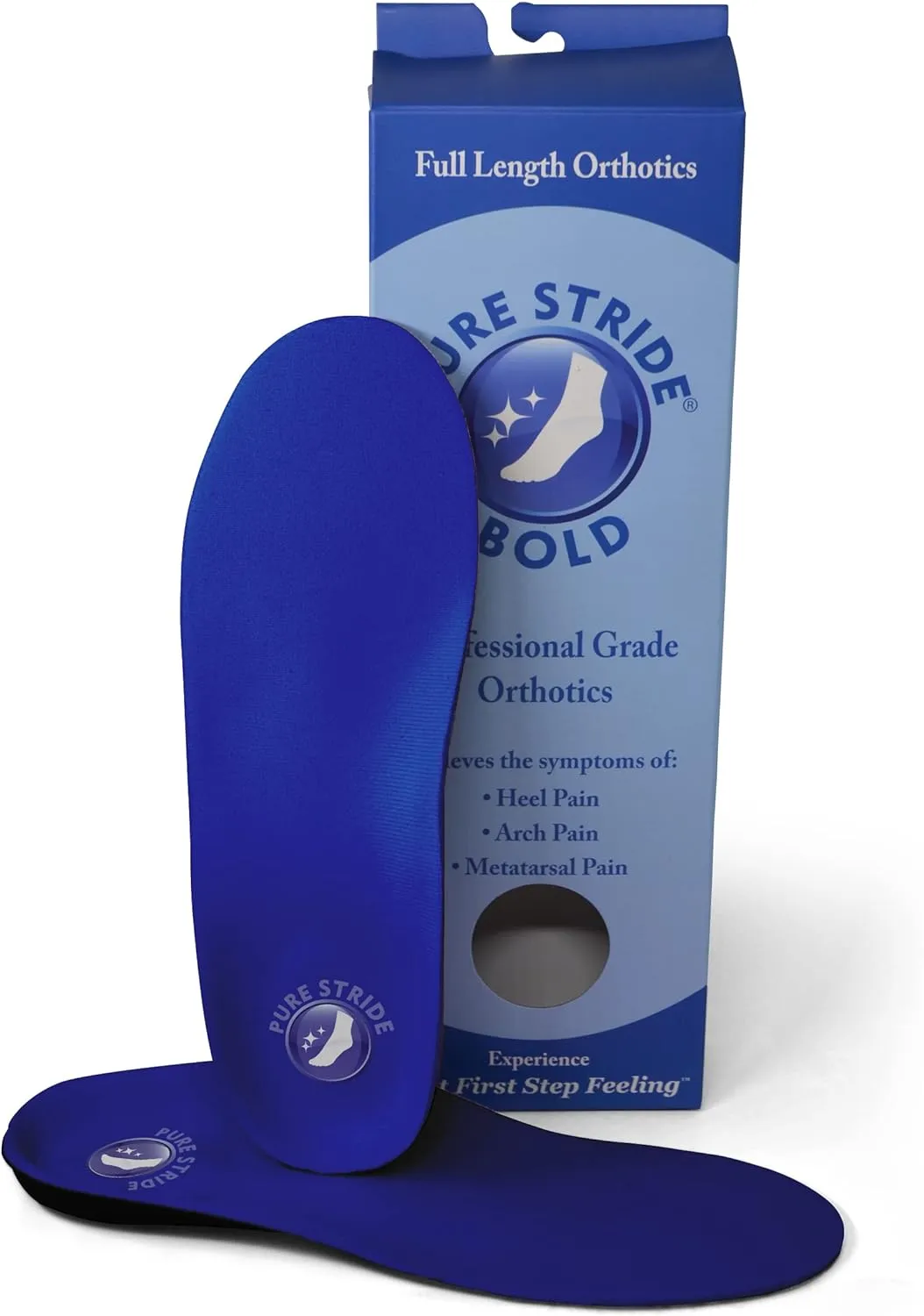 Pure Stride Bold Professional Full Length Orthotics -Shoe Support for Metatarsals, High Arch, Flat Feet - Pain Relief for Plantar Fasciitis, Arch, Heel - 1 Pair, Men 10-10.5/Women 12-12.5, Bold Blue