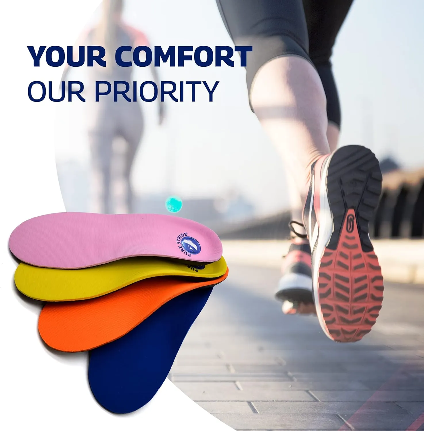 Pure Stride Bold Professional Full Length Orthotics -Shoe Support for Metatarsals, High Arch, Flat Feet - Pain Relief for Plantar Fasciitis, Arch, Heel - 1 Pair, Men 10-10.5/Women 12-12.5, Bold Blue