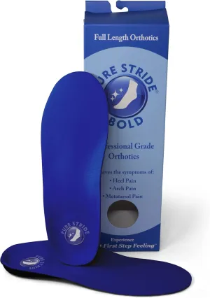 Pure Stride Bold Professional Full Length Orthotics -Shoe Support for Metatarsals, High Arch, Flat Feet - Pain Relief for Plantar Fasciitis, Arch, Heel - 1 Pair, Men 10-10.5/Women 12-12.5, Bold Blue