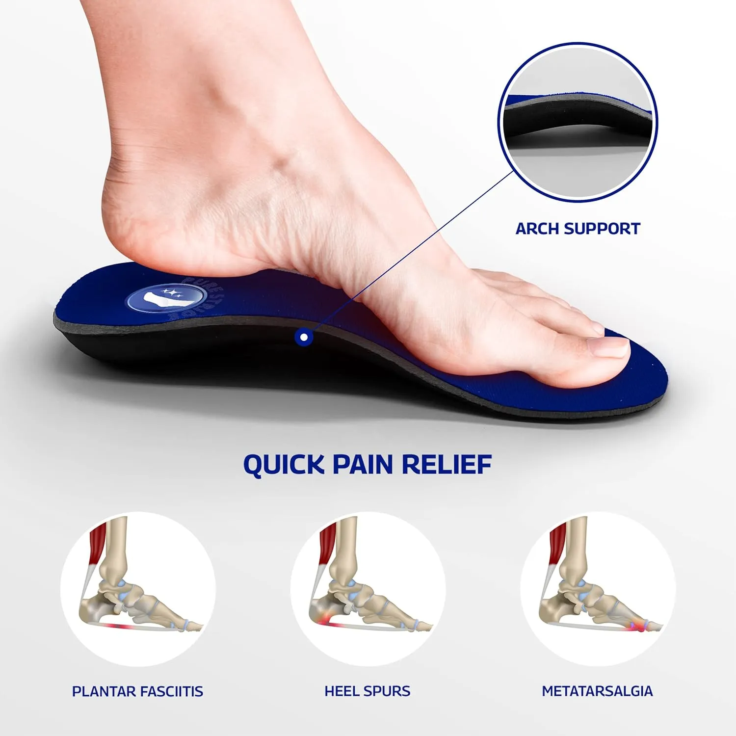 Pure Stride Bold Professional Full Length Orthotics -Shoe Support for Metatarsals, High Arch, Flat Feet - Pain Relief for Plantar Fasciitis, Arch, Heel - 1 Pair, Men 10-10.5/Women 12-12.5, Bold Blue