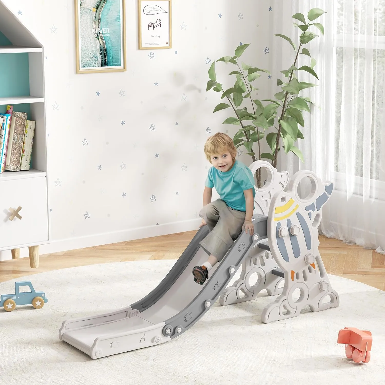 Qaba Kids Indoor Slide for Toddlers Ages 1.5-3, Small Toddler Slide, Space Toy Playset for Girls and Boys, Gray
