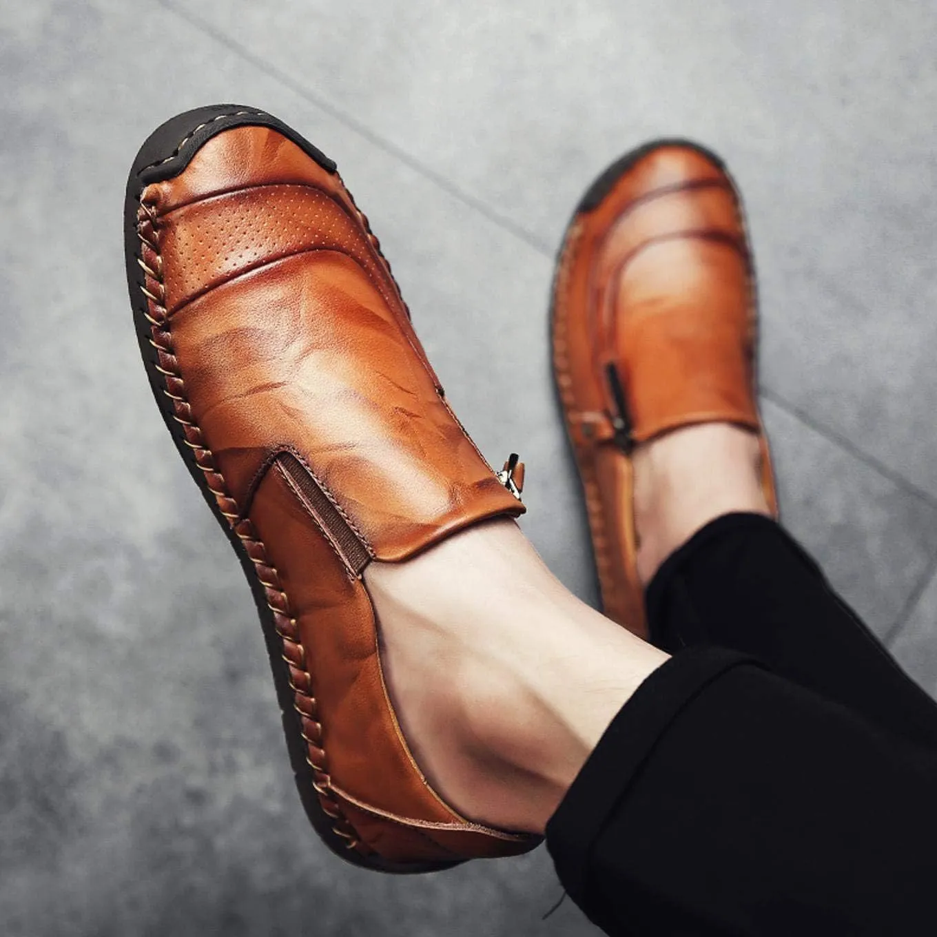 Qiucdzi Men's Casual Penny Loafers Breathable Lace-up Driving Boat Shoes Handmade Flats Dress Shoes