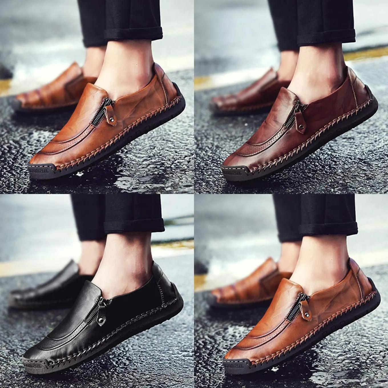 Qiucdzi Men's Casual Penny Loafers Breathable Lace-up Driving Boat Shoes Handmade Flats Dress Shoes