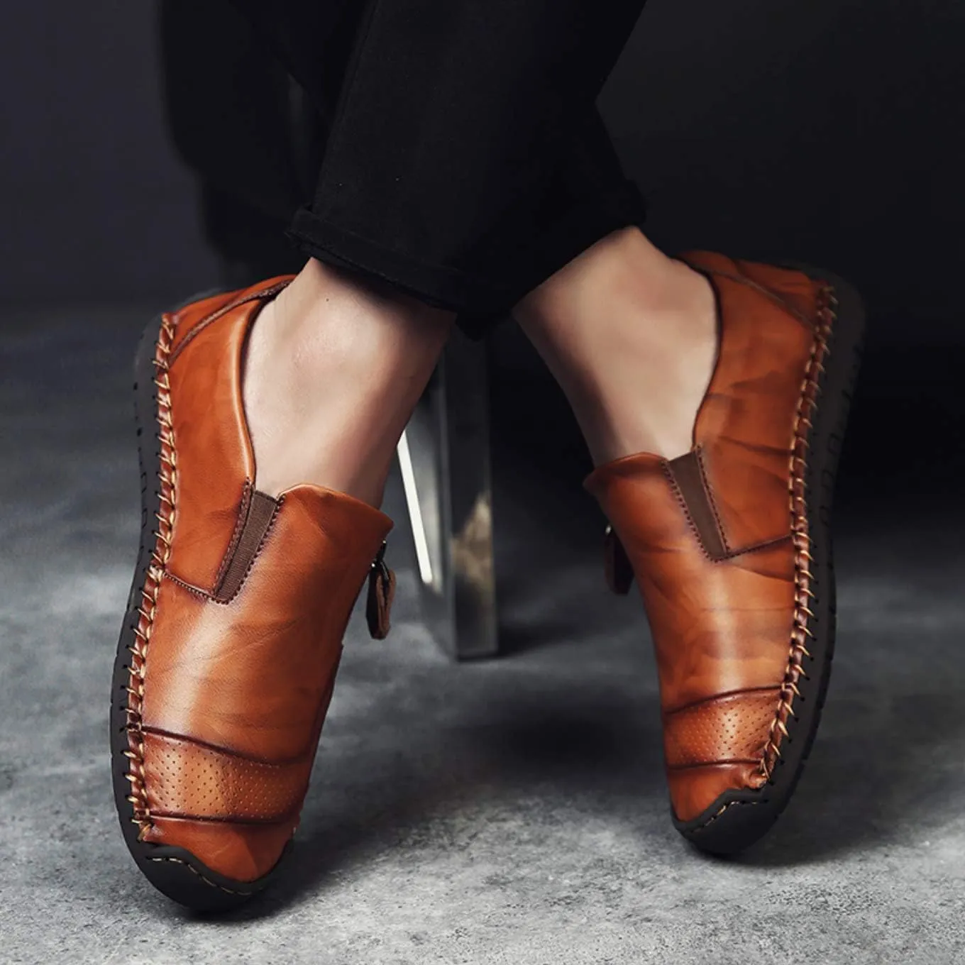 Qiucdzi Men's Casual Penny Loafers Breathable Lace-up Driving Boat Shoes Handmade Flats Dress Shoes
