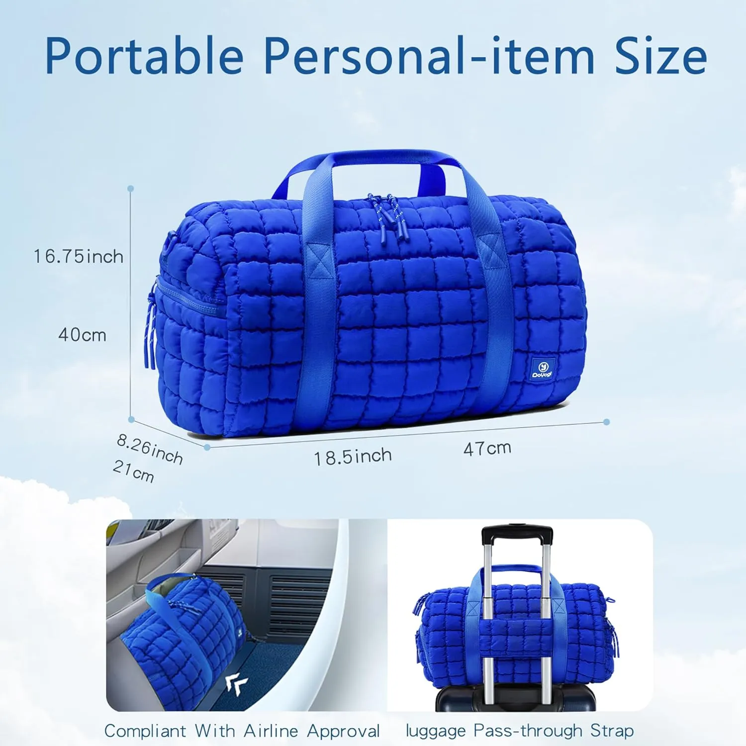 Quilted Gym Bag for Women,Duffle Bag for Travel with Wet Pocket,Carry on Weekender Bags for Women,Travel Bag with Shoe Compartment (Blue)