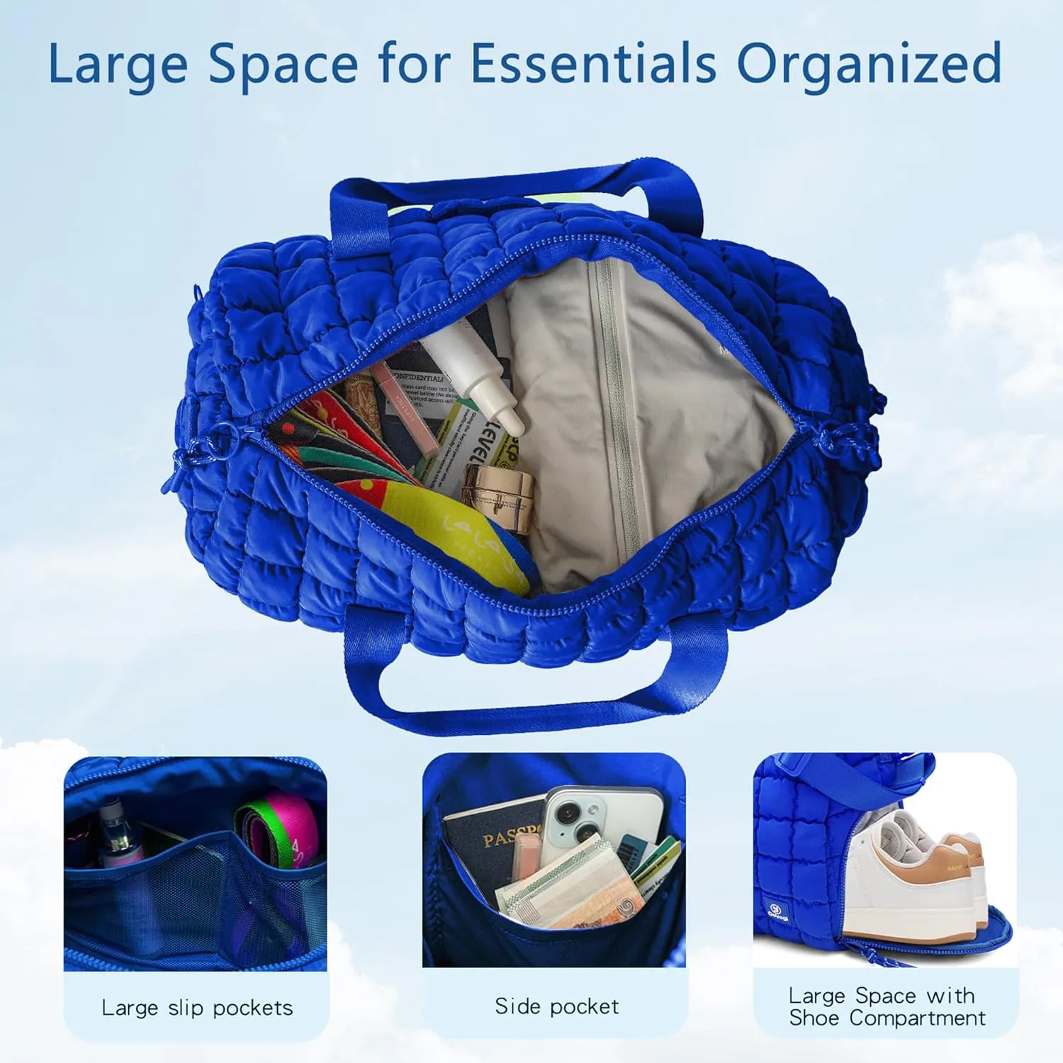 Quilted Gym Bag for Women,Duffle Bag for Travel with Wet Pocket,Carry on Weekender Bags for Women,Travel Bag with Shoe Compartment (Blue)