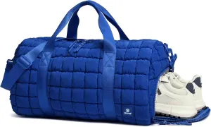 Quilted Gym Bag for Women,Duffle Bag for Travel with Wet Pocket,Carry on Weekender Bags for Women,Travel Bag with Shoe Compartment (Blue)