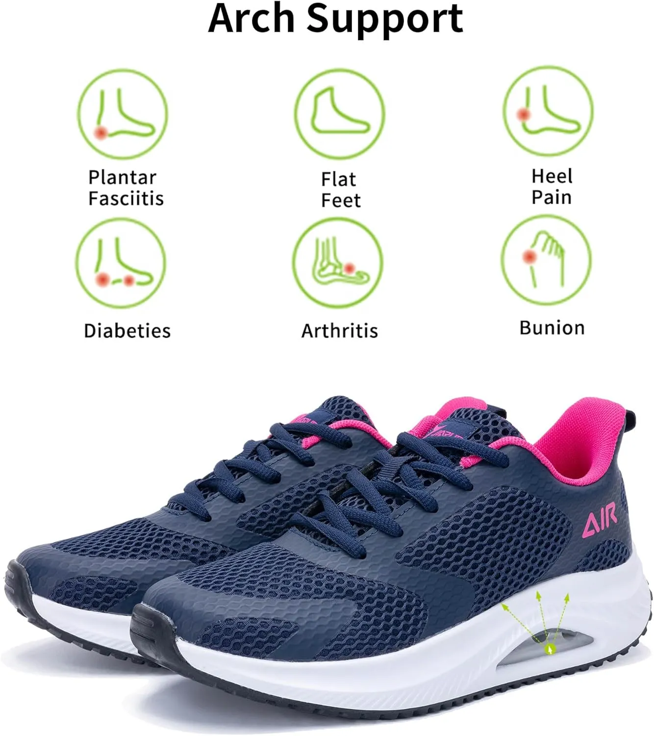 Quseek Womens Plantar Fasciitis Walking Shoes Orthotic Tennis Sneakers Comfortable Non-Slip Breathable Orthotic Shoe for Foot Heel Pain Relief Size US 6-11
