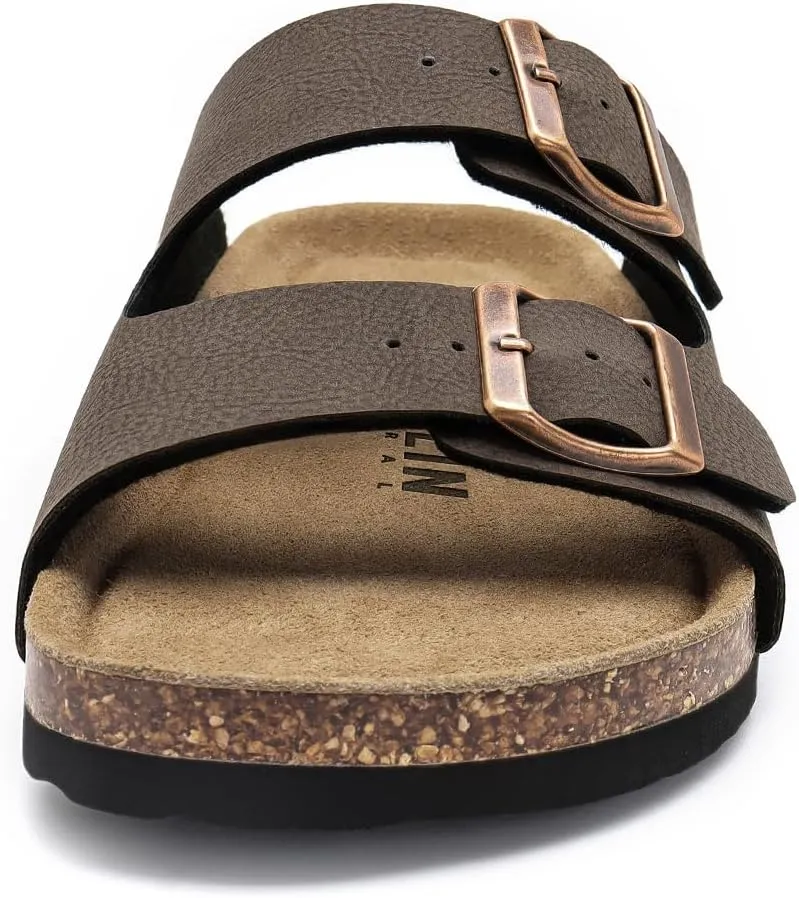Rainlin Women's Flat Sandals Cork Footbed Slide Sandals Arch Support Slip on Slides with Adjustable Buckle