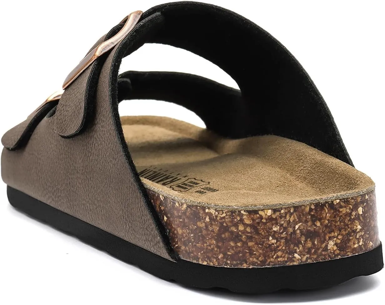 Rainlin Women's Flat Sandals Cork Footbed Slide Sandals Arch Support Slip on Slides with Adjustable Buckle