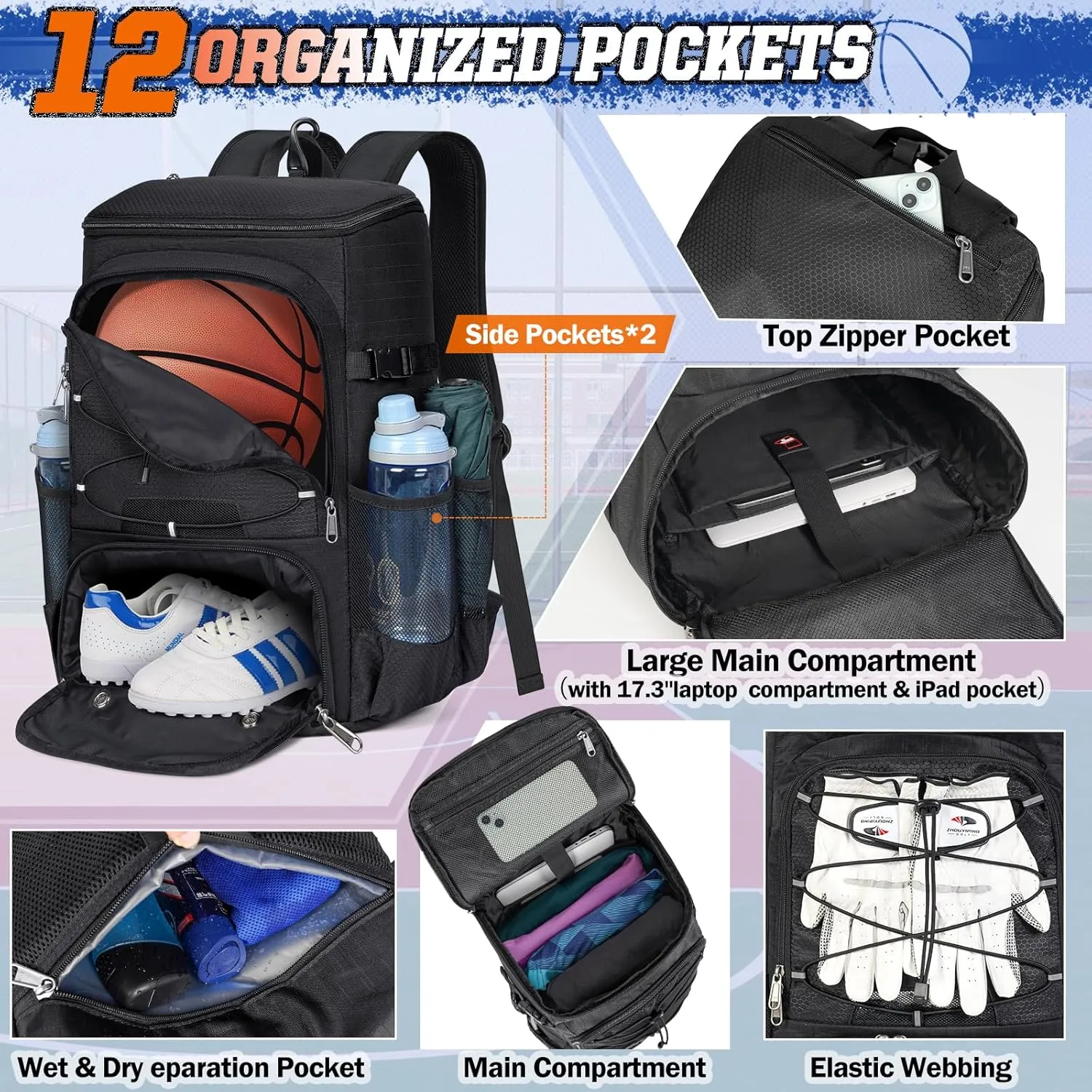RAINSMORE Basketball Backpack 45L Basketball Bag with Separate Ball Holder & Shoes Compartment Water Resistant Sports Bag Basketball Equipment Bags Fit Volleyball, Soccer, Swim, Gym, Travel