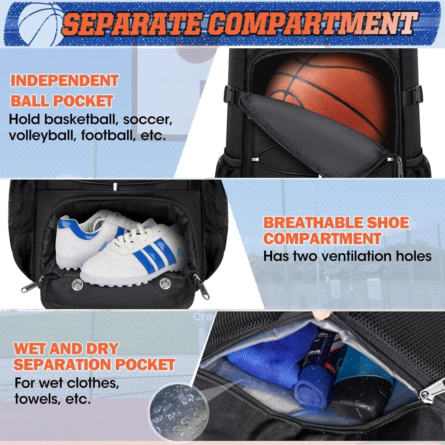 RAINSMORE Basketball Backpack 45L Basketball Bag with Separate Ball Holder & Shoes Compartment Water Resistant Sports Bag Basketball Equipment Bags Fit Volleyball, Soccer, Swim, Gym, Travel