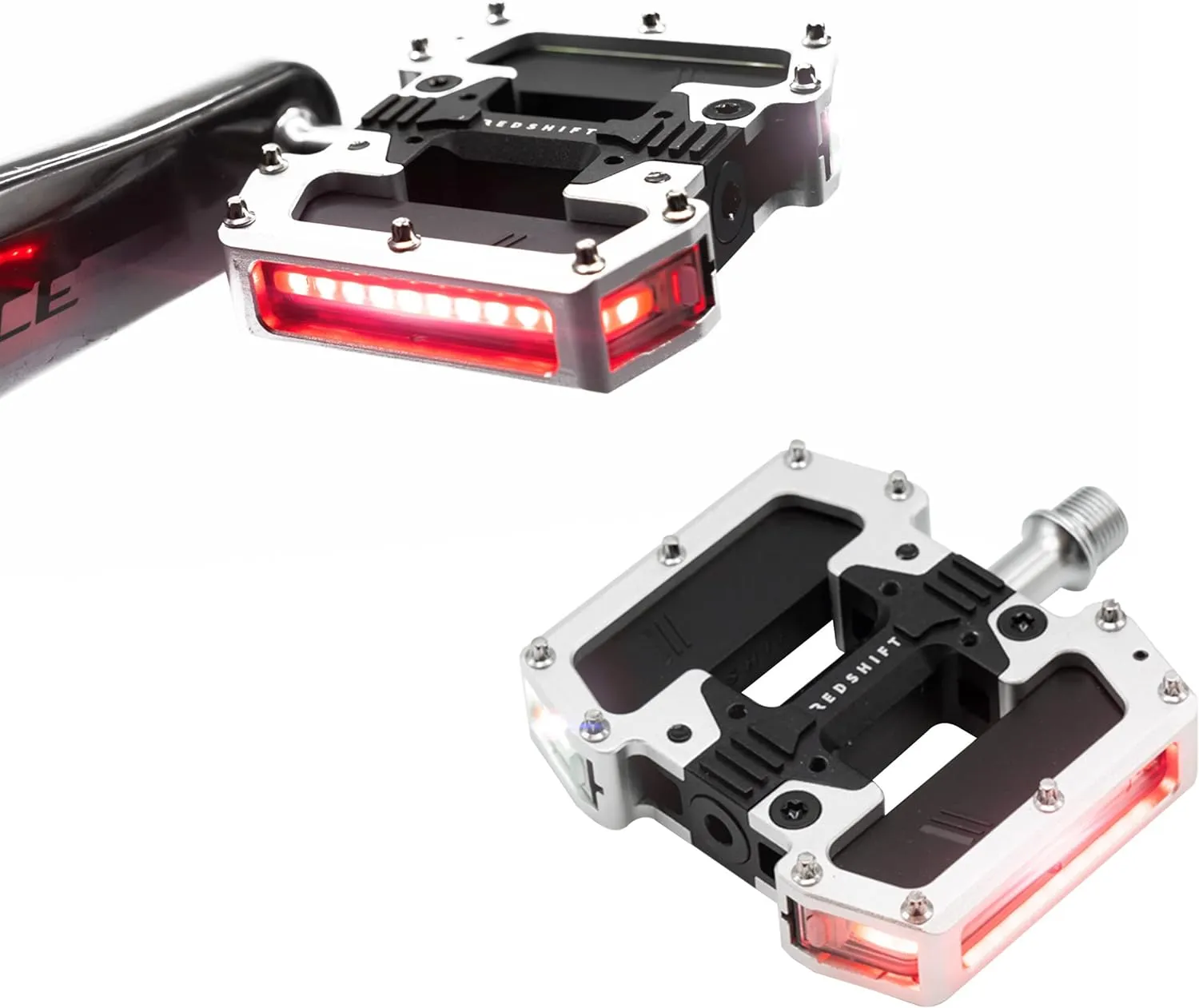 REDSHIFT ARCLIGHT PRO Flat Bicycle Pedals with LED Lights, Auto On-Off, 36  hr Battery, USB Rechargeable, Weatherproof, Flat Aluminum Bike Pedal with 9/16in Steel Spindle and Traction Pins
