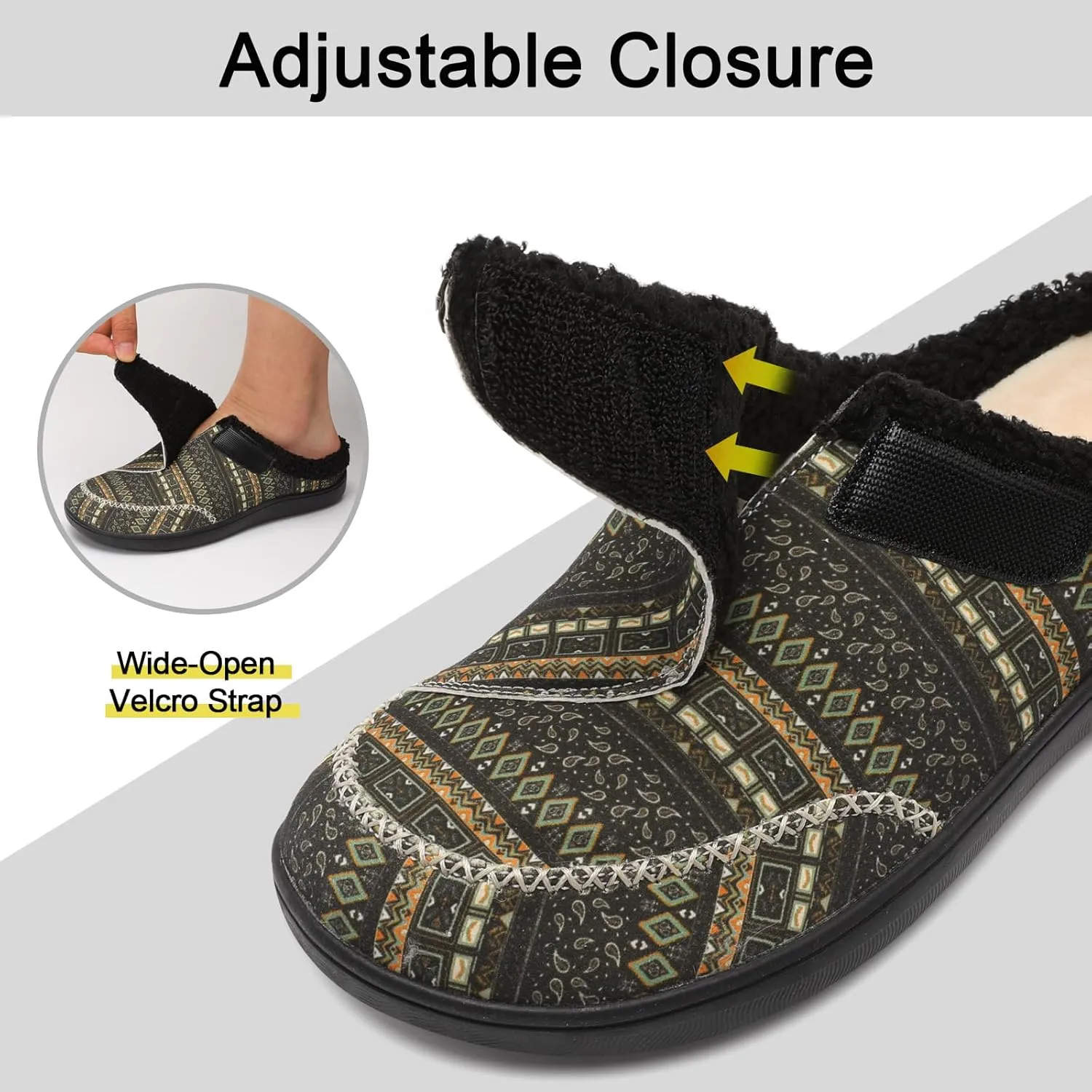 relxfeet Mens Slippers Adjustable Diabetic Shoes Wide Toe Box House Slippers Indoor Outdoor Slip On Warm Clogs for Swollen Feet