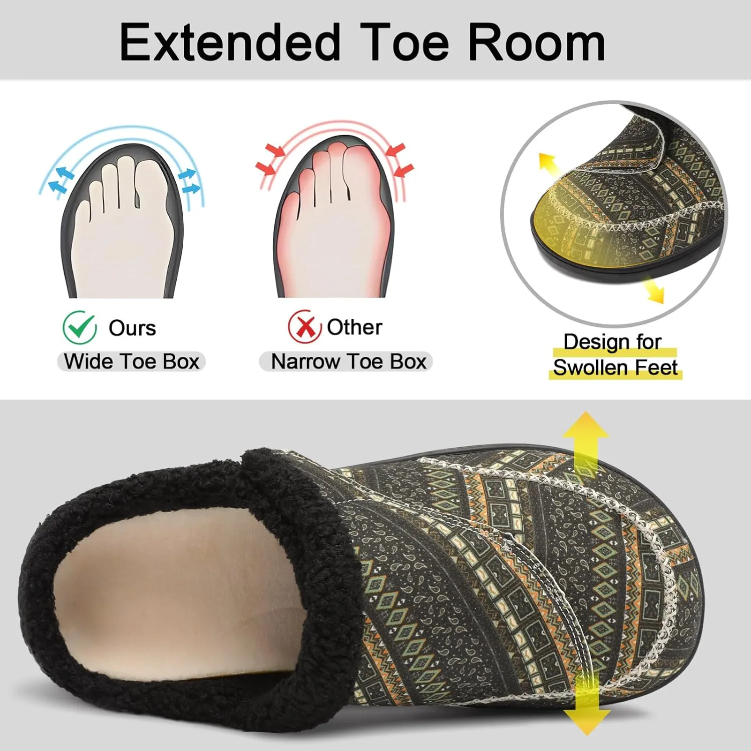 relxfeet Mens Slippers Adjustable Diabetic Shoes Wide Toe Box House Slippers Indoor Outdoor Slip On Warm Clogs for Swollen Feet