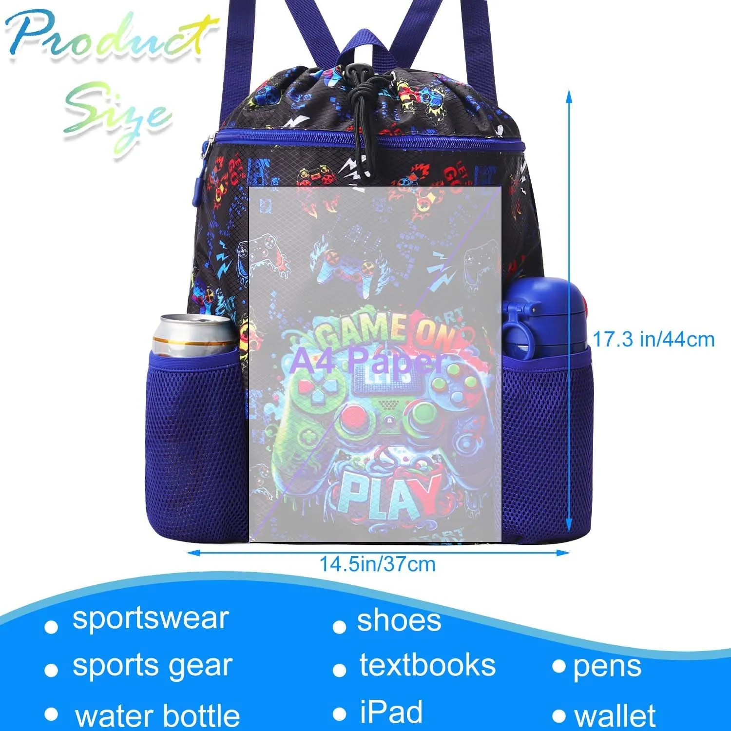 RHCPFOVR Game Drawstring Backpack for Kids - Drawstring Bags for Boys Swim Bag for Beach Swimming Pool Lightweight Draw String Bags Waterproof Sports Gym Bag With Two Water Bottle Holder