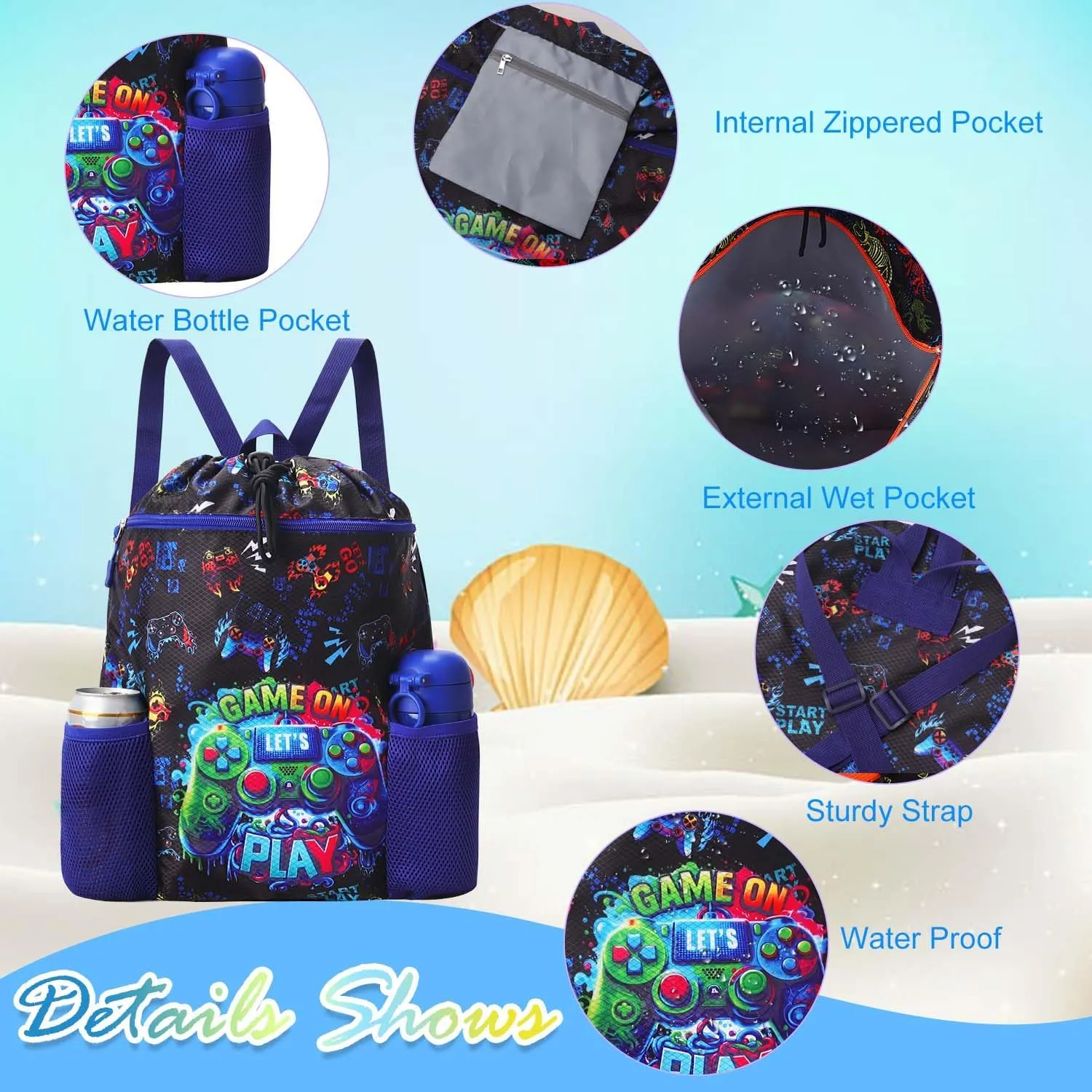 RHCPFOVR Game Drawstring Backpack for Kids - Drawstring Bags for Boys Swim Bag for Beach Swimming Pool Lightweight Draw String Bags Waterproof Sports Gym Bag With Two Water Bottle Holder