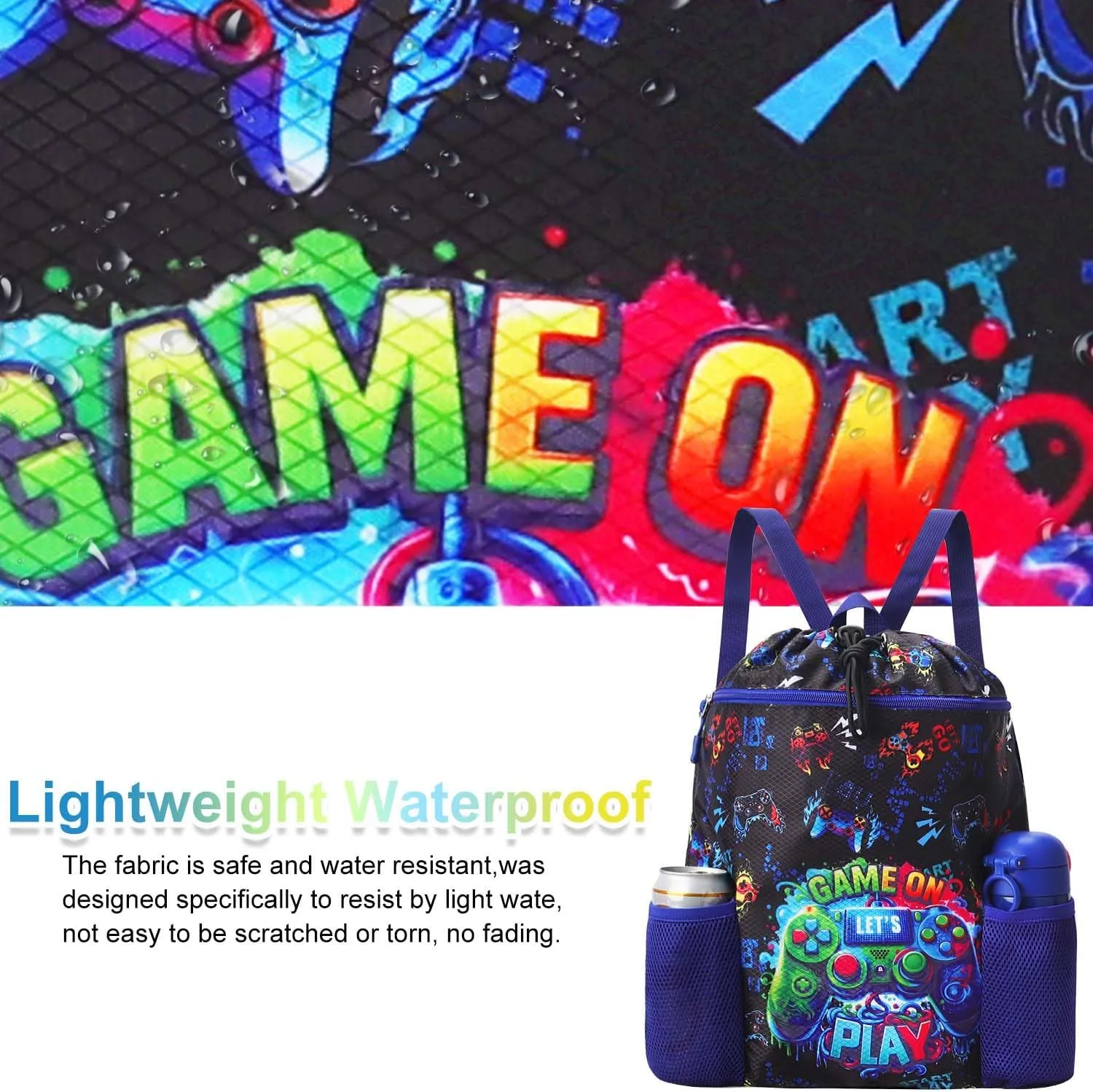 RHCPFOVR Game Drawstring Backpack for Kids - Drawstring Bags for Boys Swim Bag for Beach Swimming Pool Lightweight Draw String Bags Waterproof Sports Gym Bag With Two Water Bottle Holder