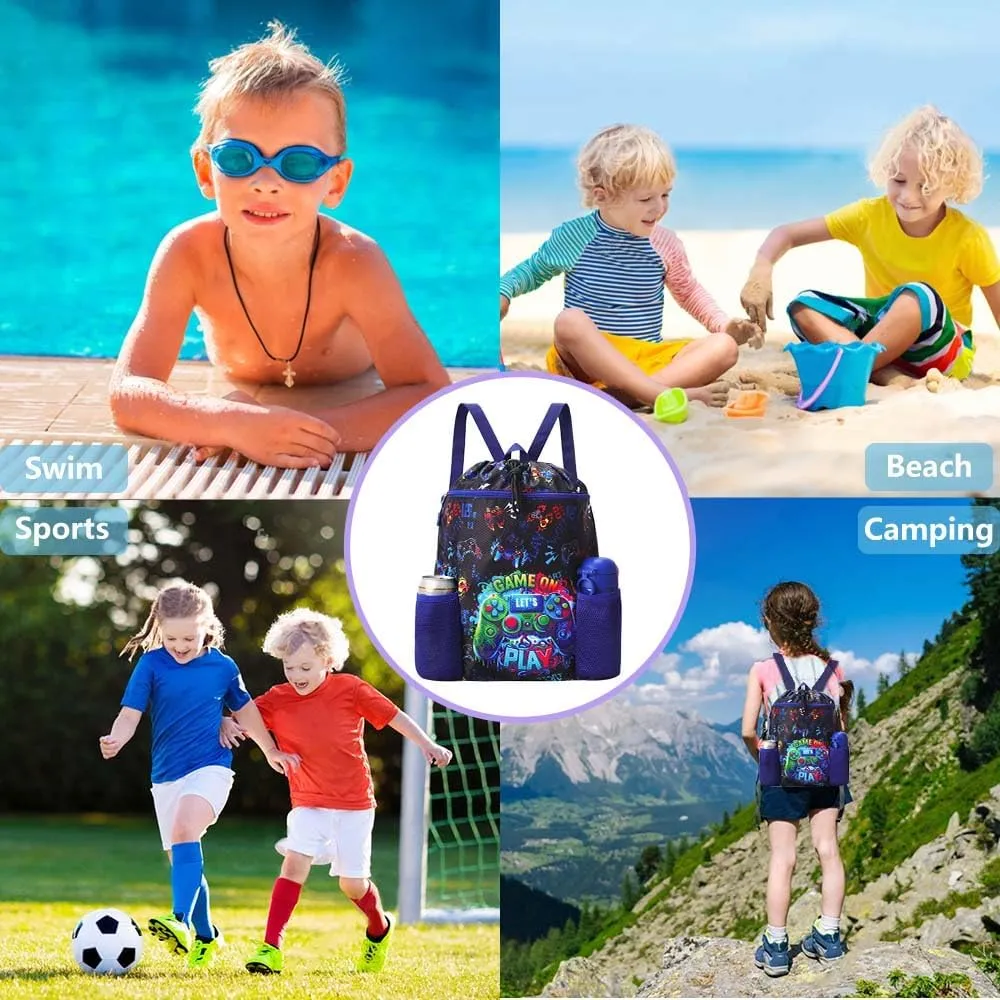 RHCPFOVR Game Drawstring Backpack for Kids - Drawstring Bags for Boys Swim Bag for Beach Swimming Pool Lightweight Draw String Bags Waterproof Sports Gym Bag With Two Water Bottle Holder