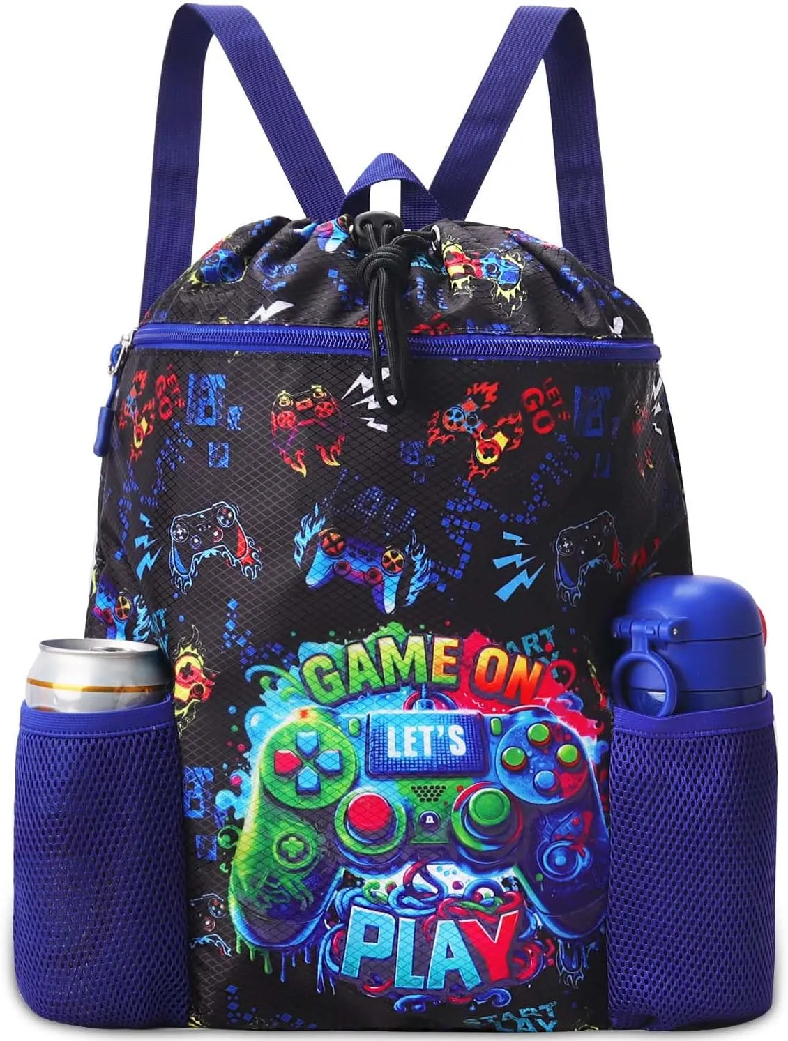 RHCPFOVR Game Drawstring Backpack for Kids - Drawstring Bags for Boys Swim Bag for Beach Swimming Pool Lightweight Draw String Bags Waterproof Sports Gym Bag With Two Water Bottle Holder