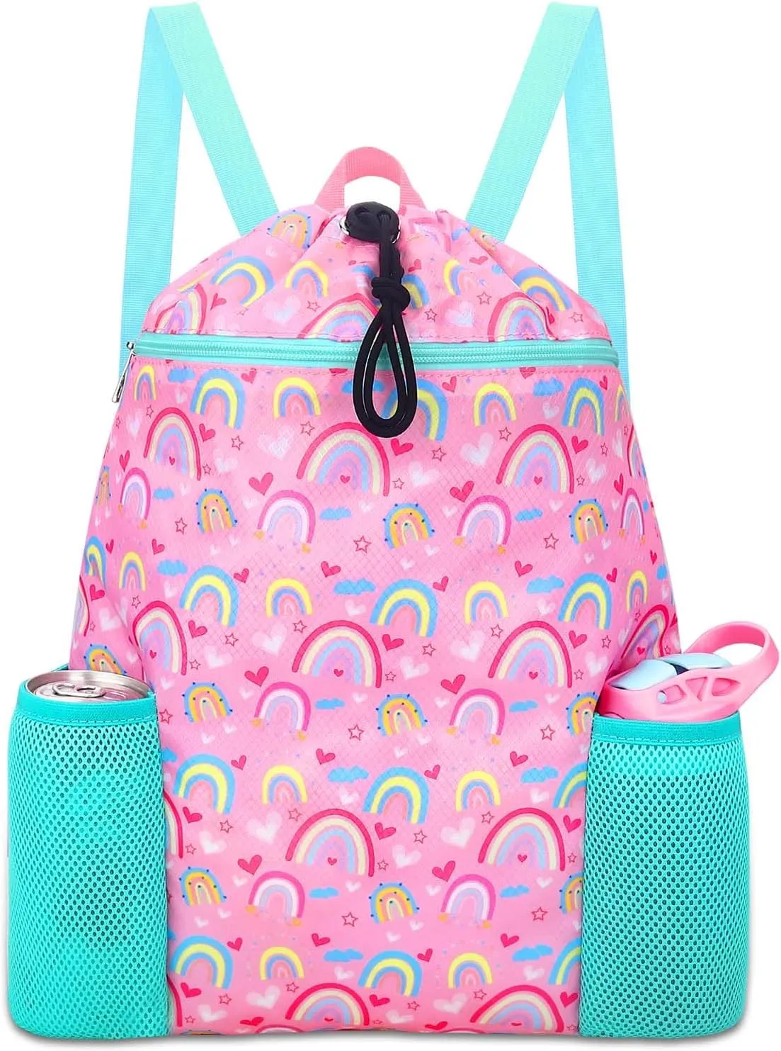 RHCPFOVR Rainbow Drawstring Backpack for Kids - Drawstring Bags for Girls Swim Bag for Beach Swimming Pool Lightweight Draw String Bags Waterproof Sports Gym Bag With Two Water Bottle Holder