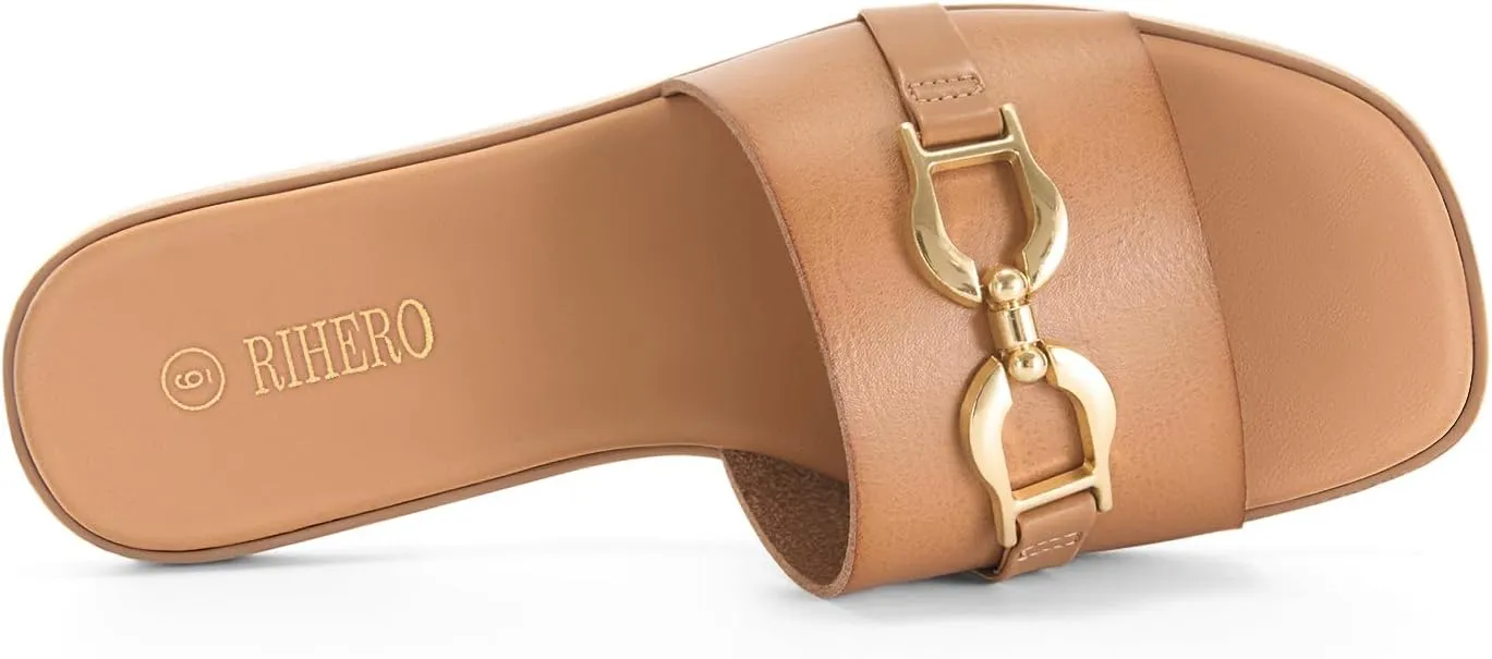 Rihero Women's Flat Sandals Summer Comfortable Square Open Toe Slip On Leather Slide Sandals