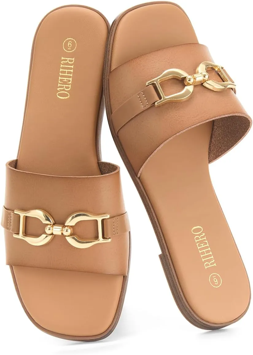 Rihero Women's Flat Sandals Summer Comfortable Square Open Toe Slip On Leather Slide Sandals