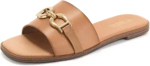 Rihero Women's Flat Sandals Summer Comfortable Square Open Toe Slip On Leather Slide Sandals