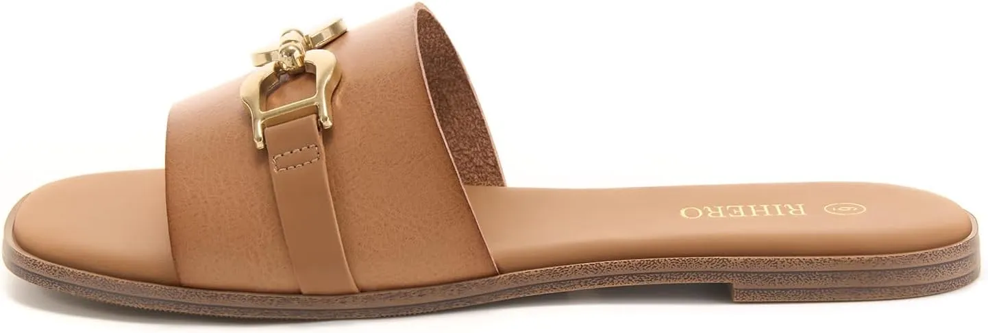 Rihero Women's Flat Sandals Summer Comfortable Square Open Toe Slip On Leather Slide Sandals