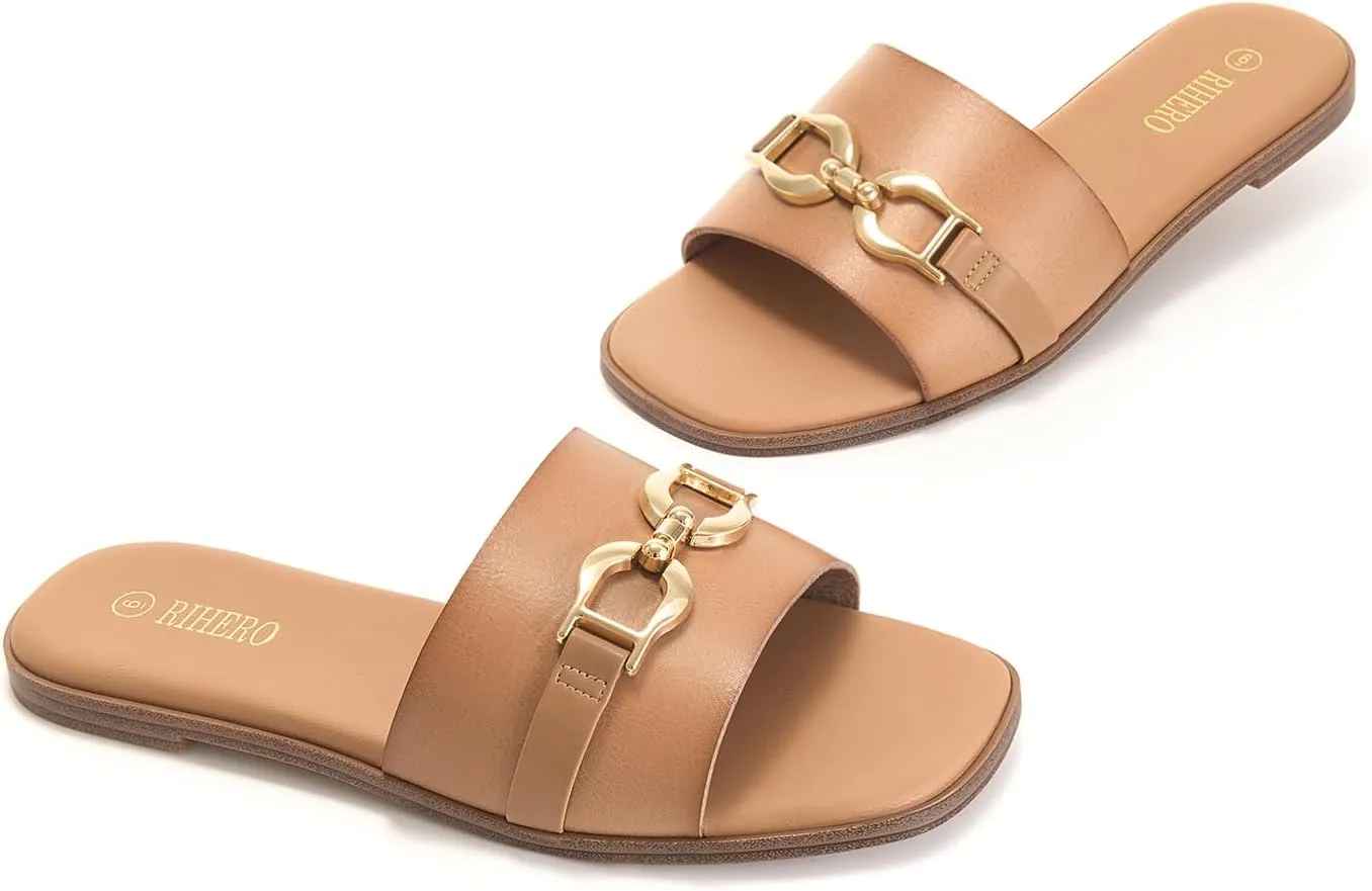 Rihero Women's Flat Sandals Summer Comfortable Square Open Toe Slip On Leather Slide Sandals
