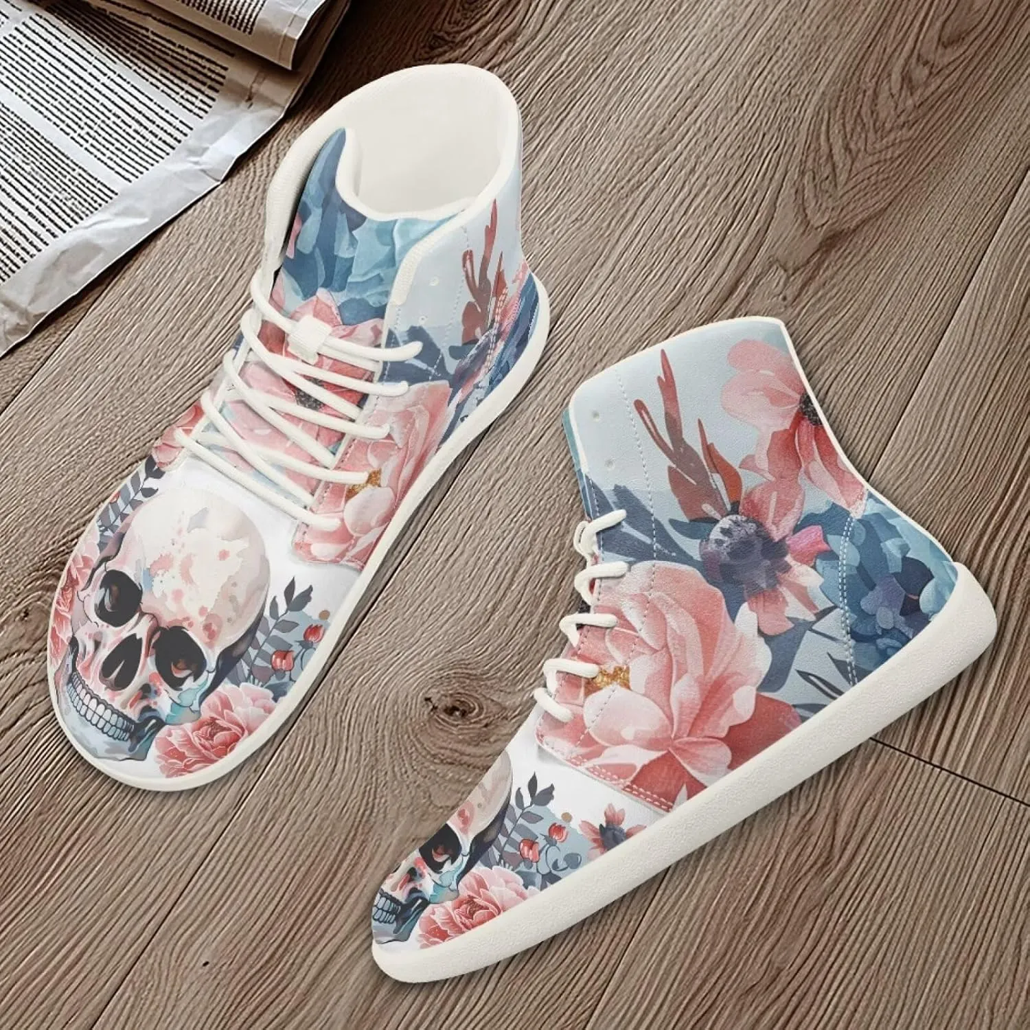 Rose Skull Print Women High Top Barefoot Shoes Wide Toe Sneakers Casual Sports Sneakers Minimalist Zero Drop Ankle Support Shoes