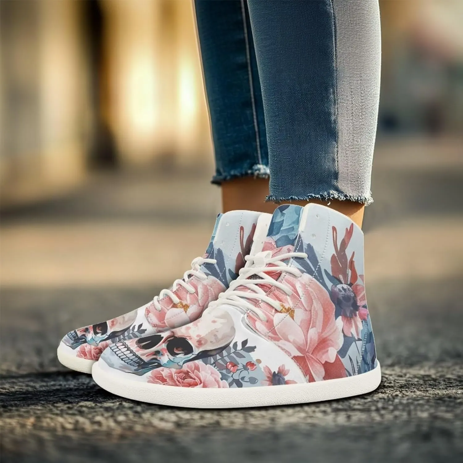 Rose Skull Print Women High Top Barefoot Shoes Wide Toe Sneakers Casual Sports Sneakers Minimalist Zero Drop Ankle Support Shoes