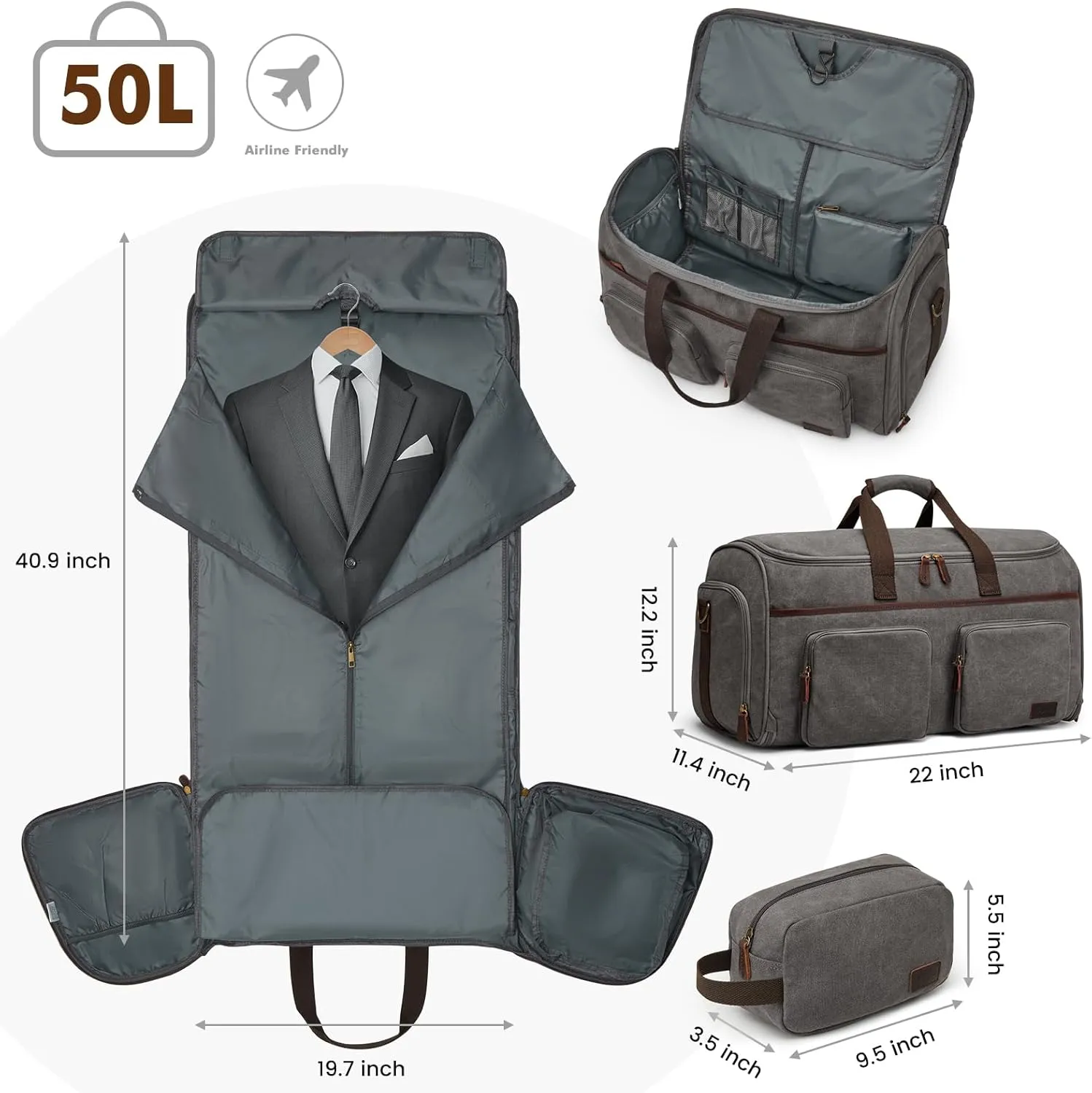 S-ZONE Garment Bag for Travel Carry on Duffle Bag for Men Travel Convertible Suit Bags Carry on Luggage Hanging Suitcase Travel Bag with Toiletry Bag, Gray, 50l