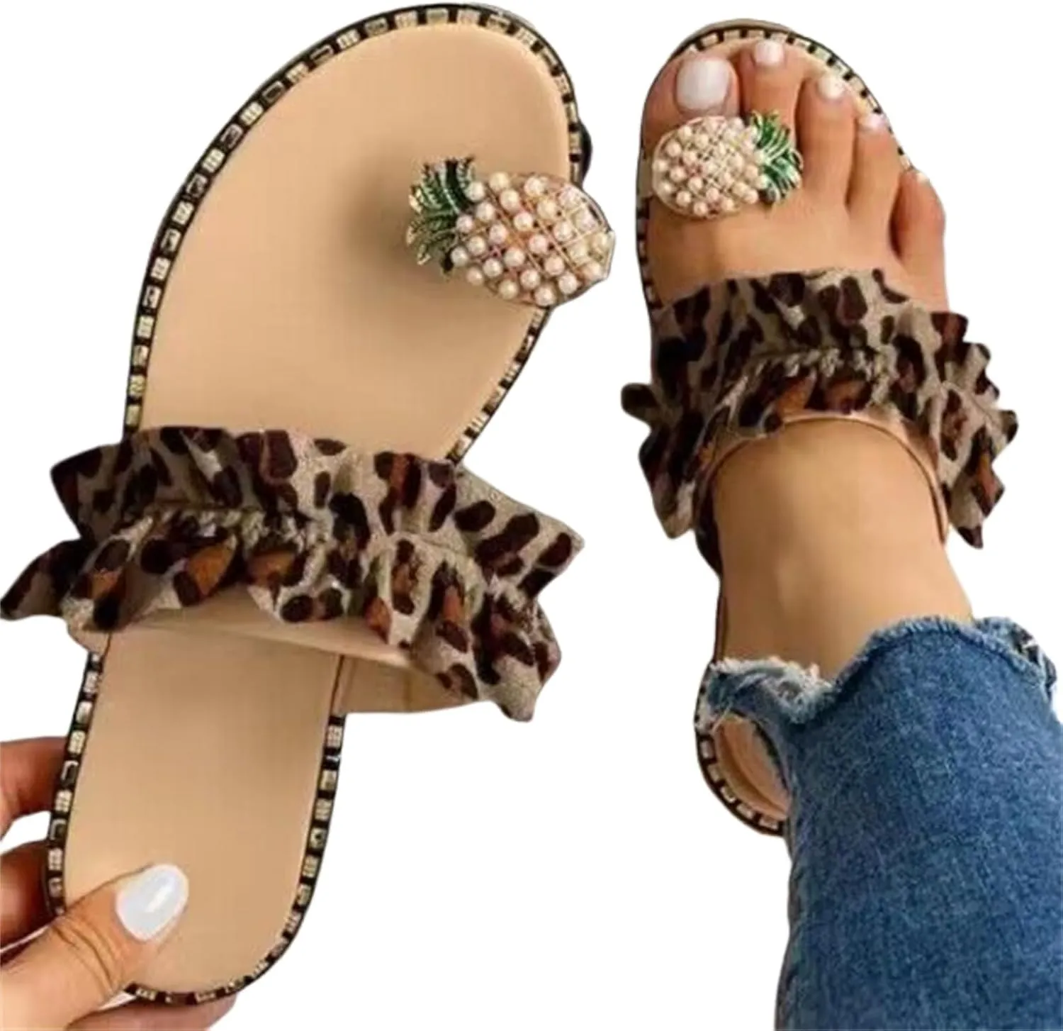 Sandals for Women Thong Bohemia Bling Rhinestone Pearl Flat Gladiator Pearls Clip Flip Flops, Sweet Cute Boho Casual Home Beach Ruffle Trim Ring Slip on Slippers Open Toe Dress Shoes