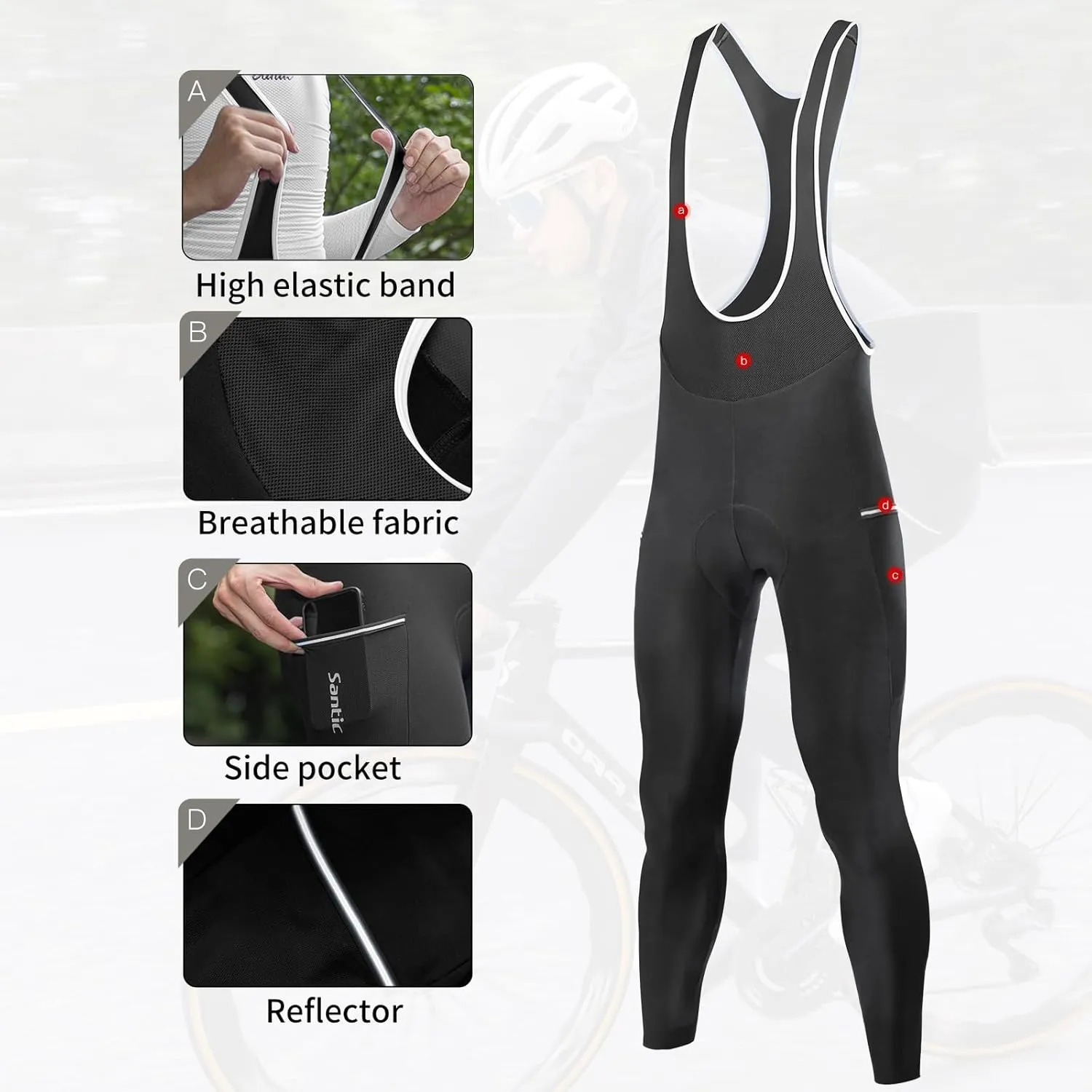 Santic Men's Winter Fleece Pro Cycling Bib Pants 4D Padded Thermal Cold Weather Bike Riding Pants with Pockets