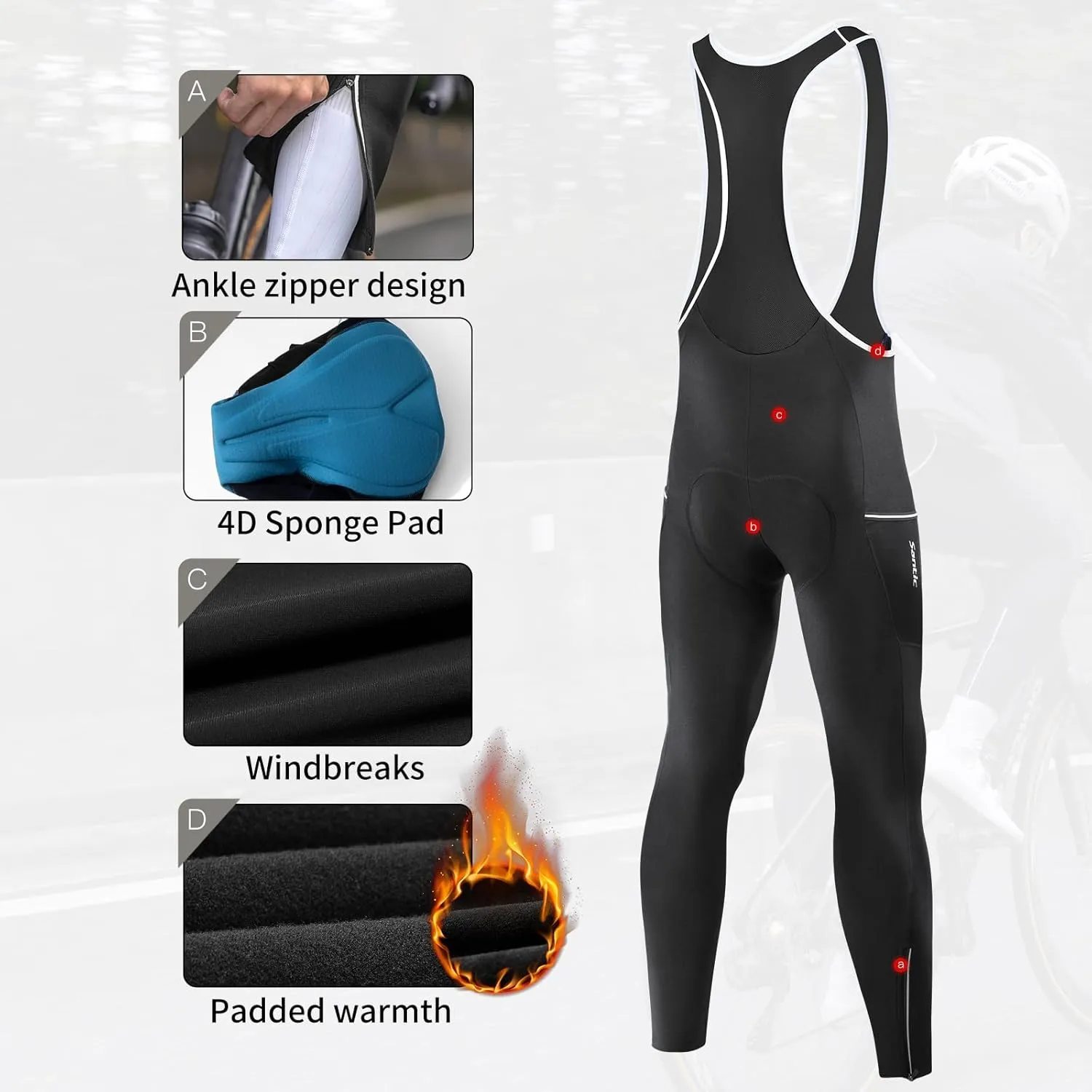 Santic Men's Winter Fleece Pro Cycling Bib Pants 4D Padded Thermal Cold Weather Bike Riding Pants with Pockets