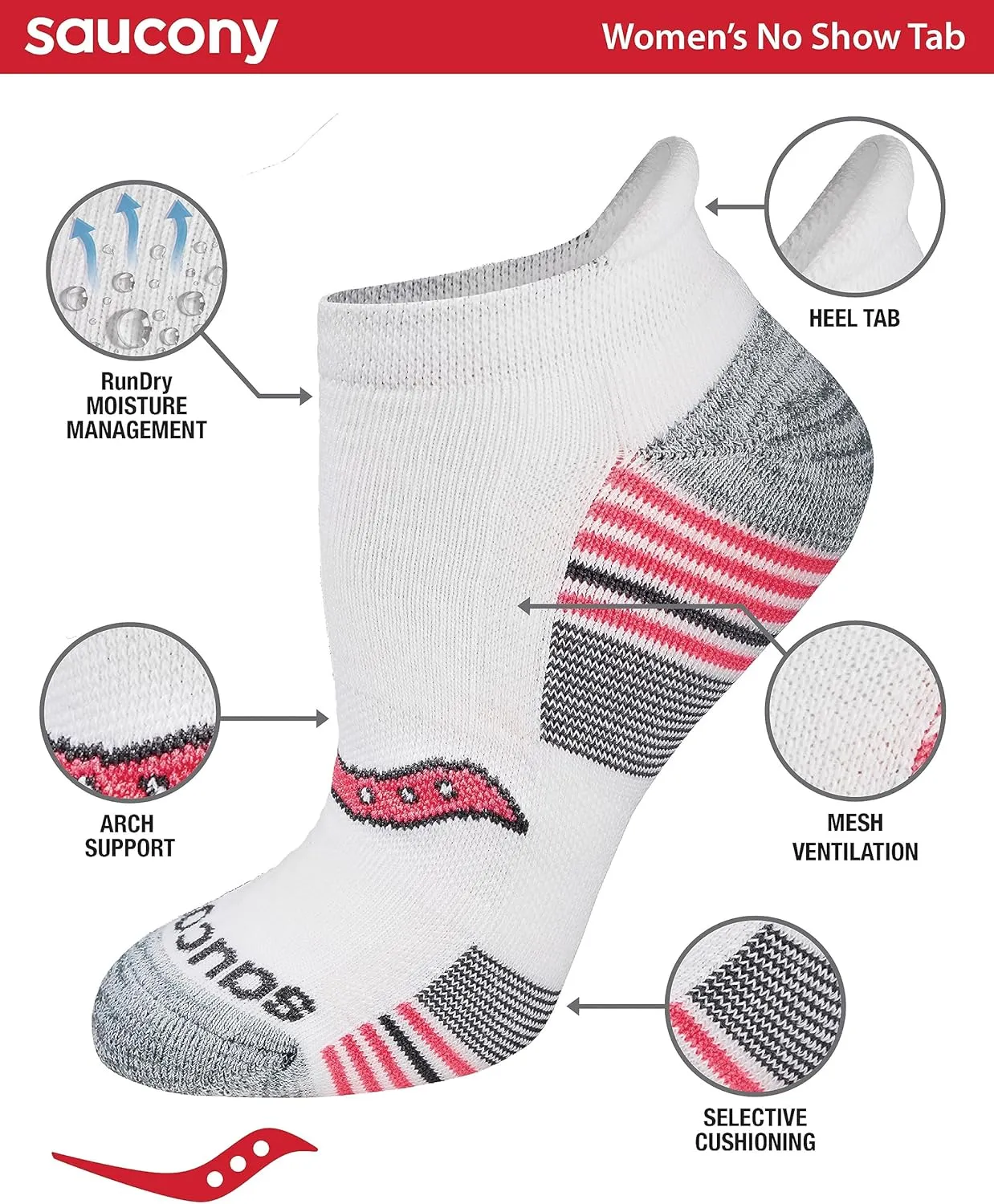 Saucony Women's Rundry Performance Heel Tab Athletic Socks, Available in S-l (8, 16, 24 Pairs)
