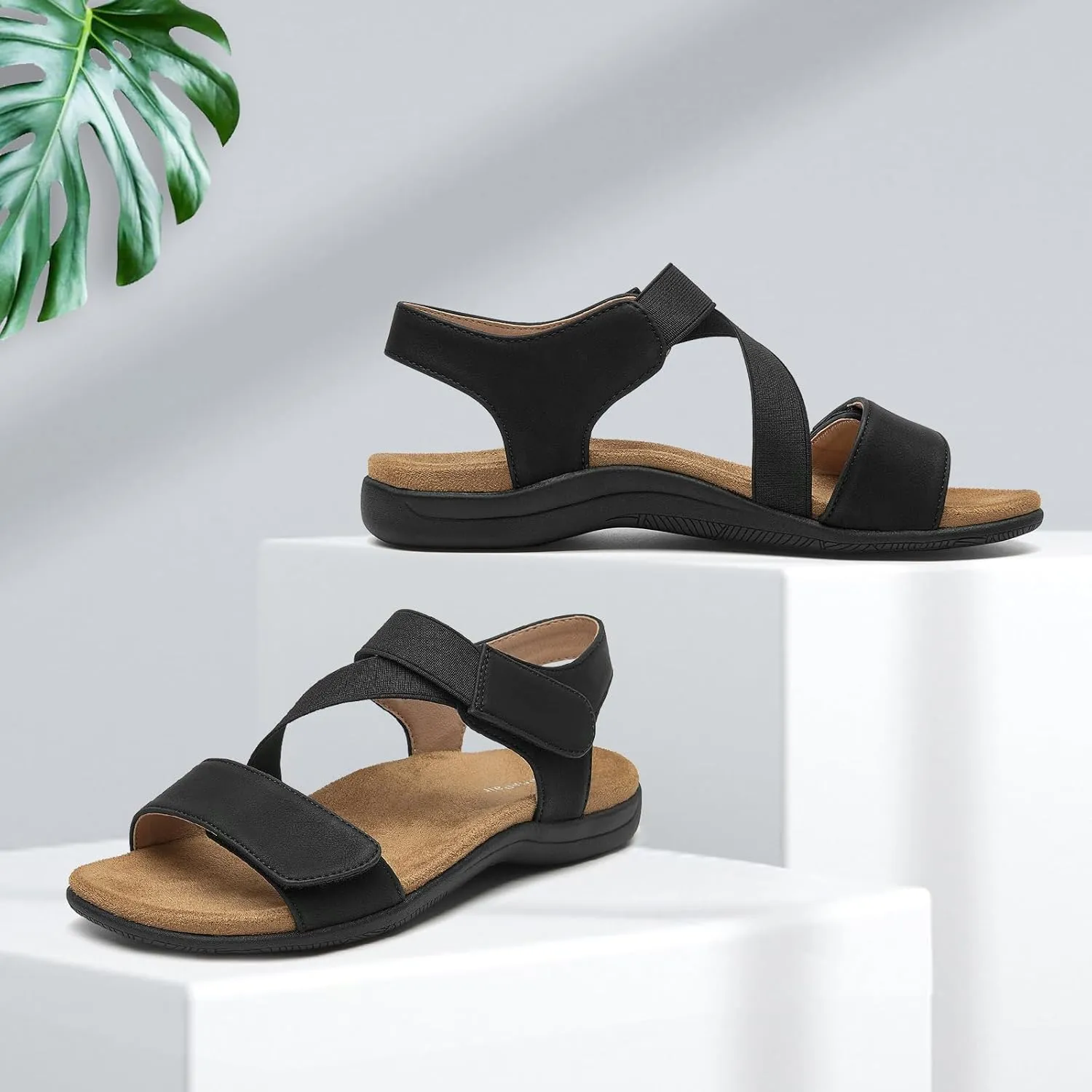 SelenePair Women's Arch Support Walking Flat Sandals Comfort Orthotic Slides With Hook And Loop Fasteners