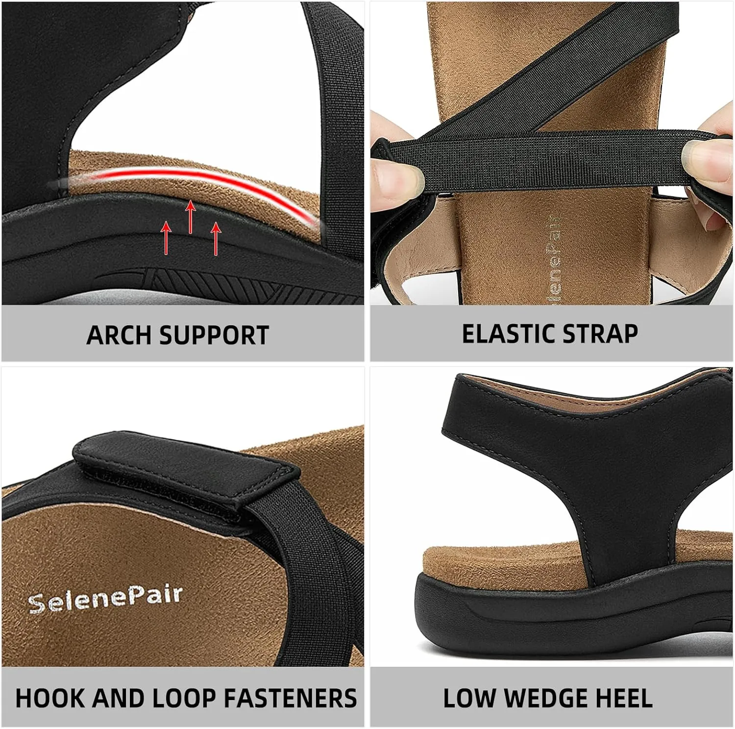 SelenePair Women's Arch Support Walking Flat Sandals Comfort Orthotic Slides With Hook And Loop Fasteners